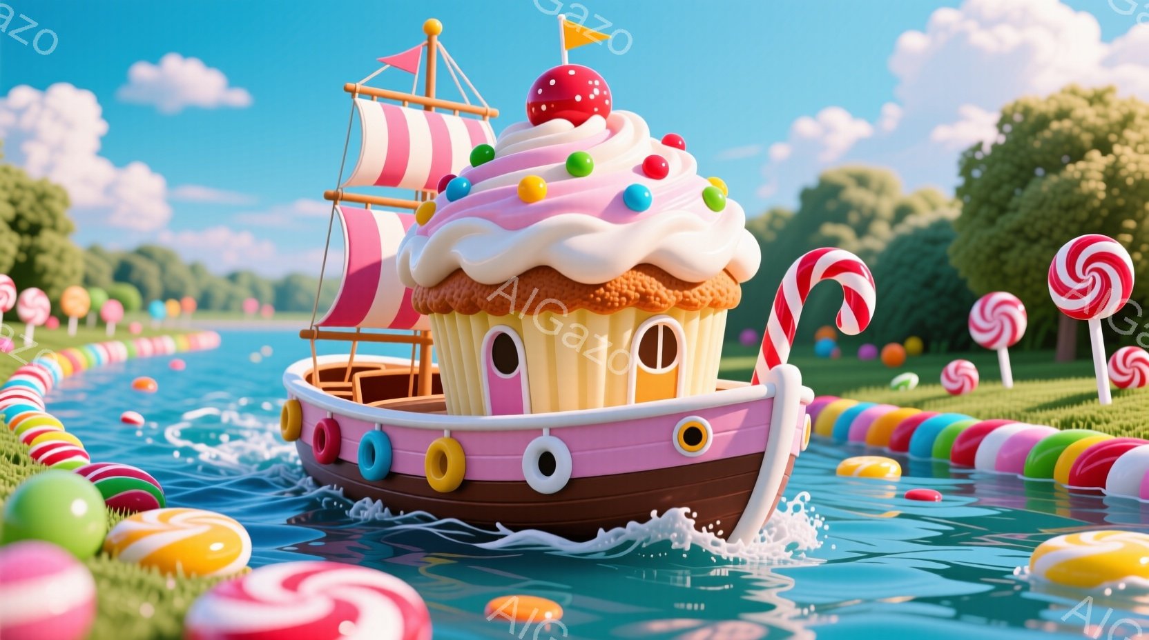 鮮やかな青い水面を、巨大なカップケーキを模したボートが航行しています。ボートはピンク色のアイシングで覆われ、茶色のケーキ生地が船体となっています。周囲にはキャンディやロリポップが並び、緑豊かな背景と明るい空が、夢のような甘い雰囲気を醸し出しています。