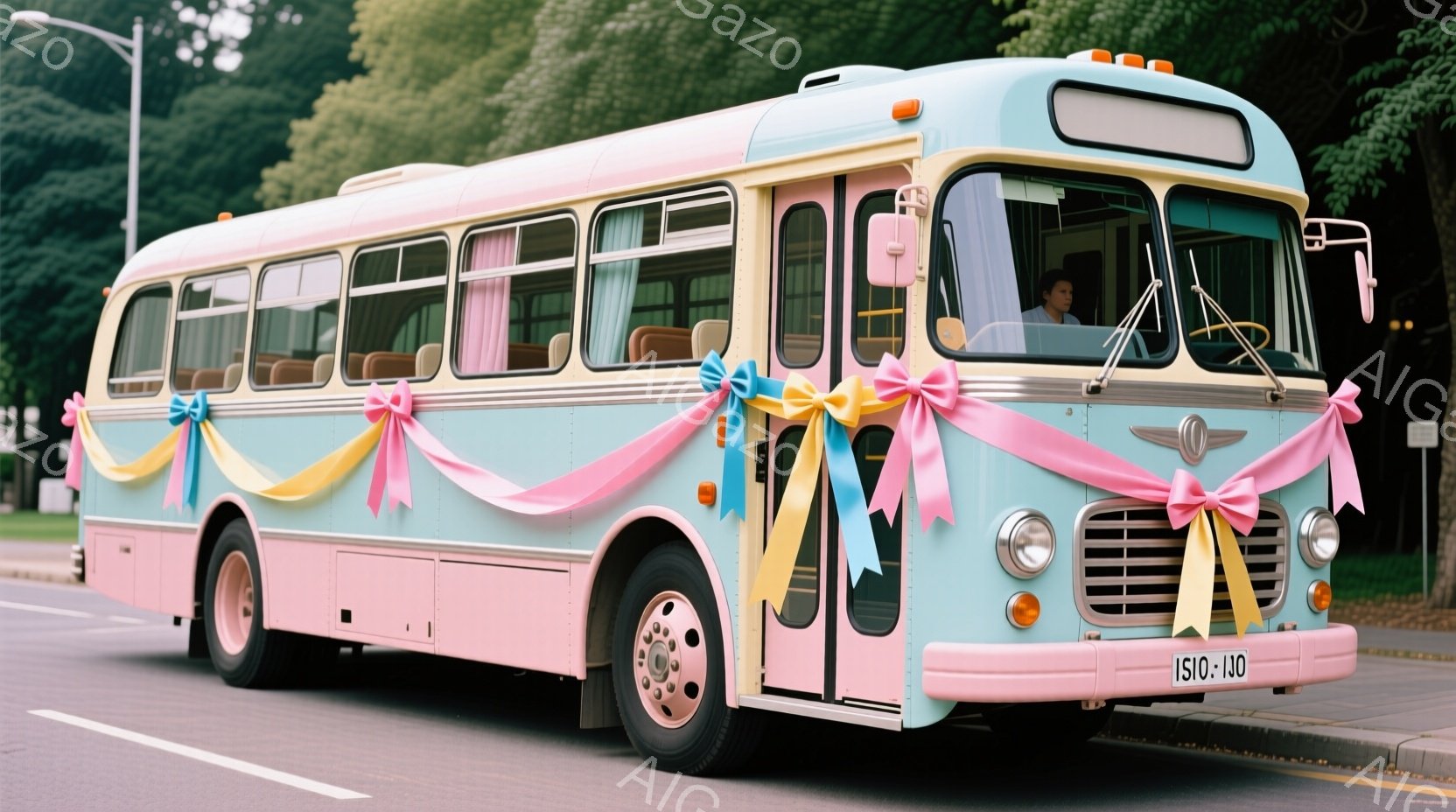 薄い水色のレトロなバスが道路に停車しており、ピンクと黄色のリボンが飾られています。運転席には男性が座っており、窓からはピンク色のカーテンが見えます。背景には緑豊かな木々が生い茂り、晴れた日の穏やかな雰囲気が漂っています。