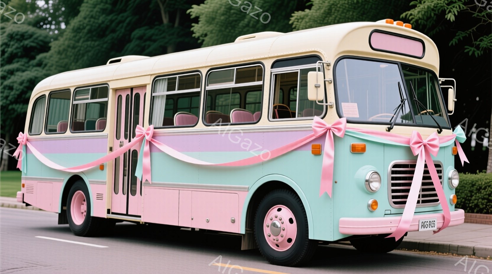 レトロなピンクと水色の装飾が施された古いバスを捉えています。バスには大きなリボンが飾られており、まるで特別なイベントのために用意されたかのようです。背景には緑豊かな木々が見え、晴れた日の穏やかな雰囲気が漂っています。