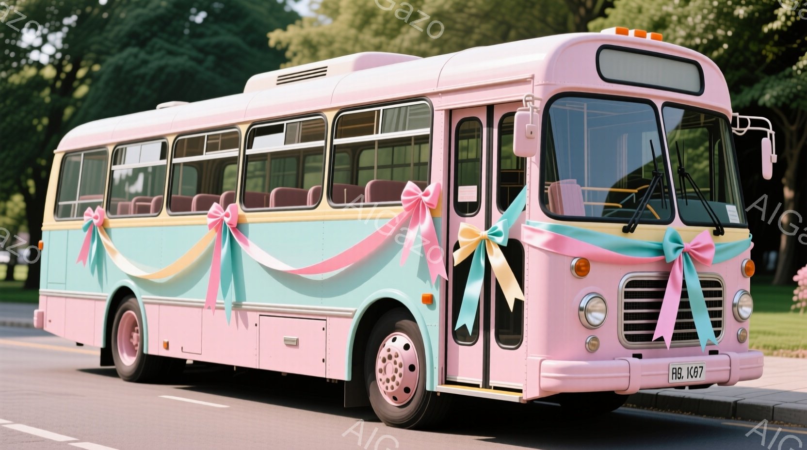 淡いピンク色のレトロなバスが、アスファルトの道端に停車している。バスには、ピンク、イエロー、ターコイズブルーのリボンが飾られており、祝福やイベントを連想させる。背景には緑豊かな木々が見え、晴れた日の穏やかな雰囲気が感じられる。