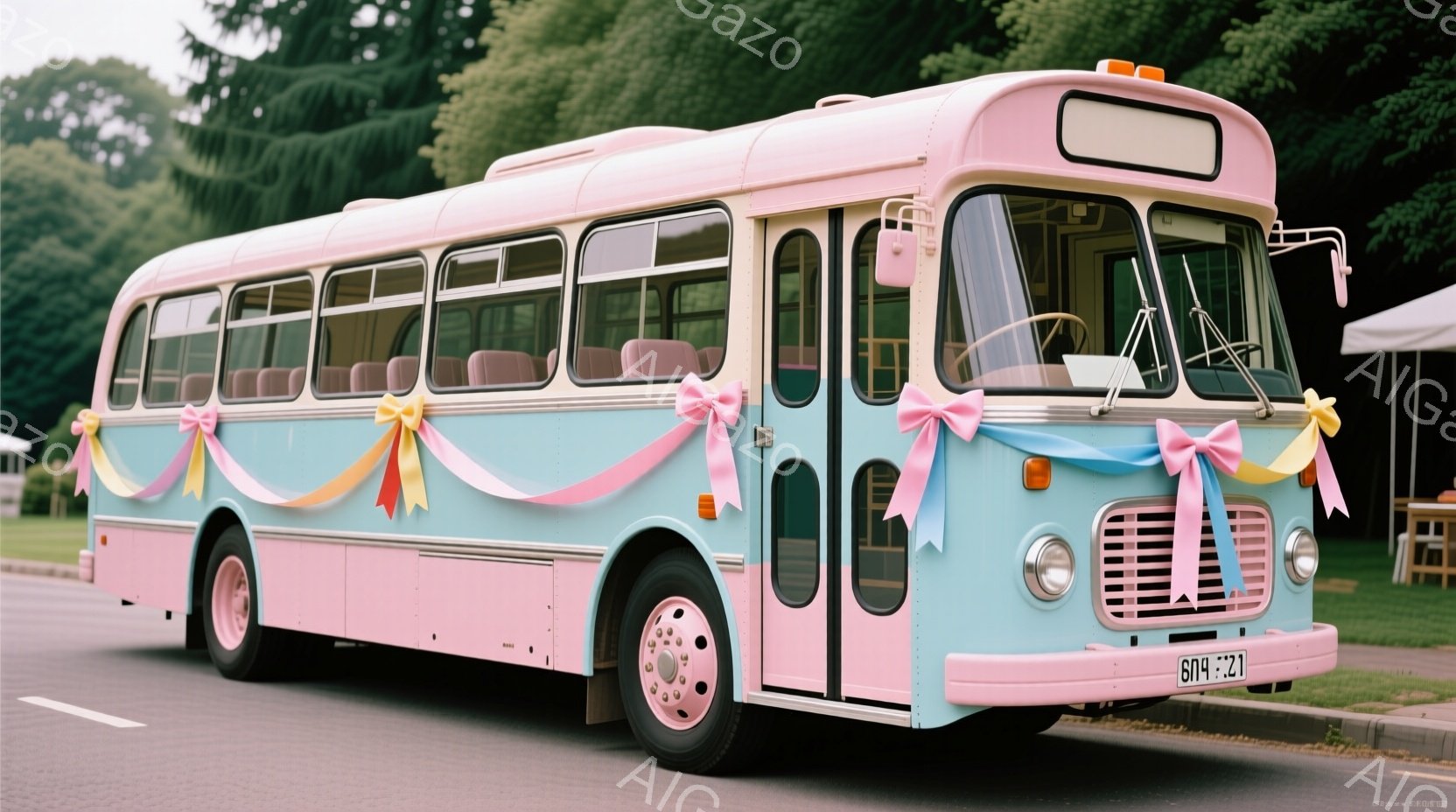 薄い水色とピンクのレトロなバスが、道路の上に佇んでいます。バスの前部には装飾用のリボンが飾られ、車両全体が華やかな雰囲気を醸し出しています。背景には緑豊かな木々と建物が見え、晴れた日の穏やかな風景が広がっています。