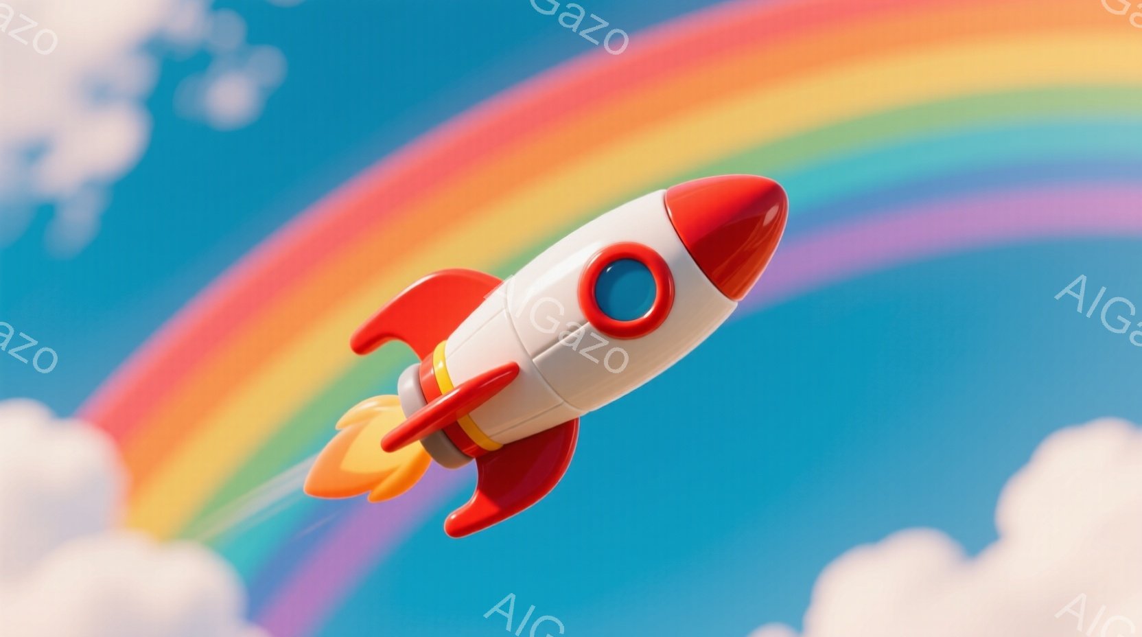 白地に赤色のアクセントが特徴的な、かわいらしいロケットが鮮やかな虹を背景に空を飛んでいます。ロケットの後部からはオレンジ色の炎が噴き出し、躍動感あふれる様子が表現されています。青い空と白い雲が広がり、 - AI生成フリー素材