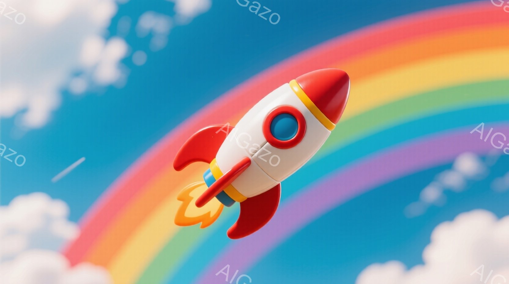 明るい青空を背景に、虹の上を飛ぶ赤いロケットが描かれています。ロケットは白と赤の配色で、炎を噴射しながら勢いよく空を舞っています。背景にはふわふわとした白い雲が広がり、全体的に夢と希望に満ちた、遊び心 - AI生成フリー素材