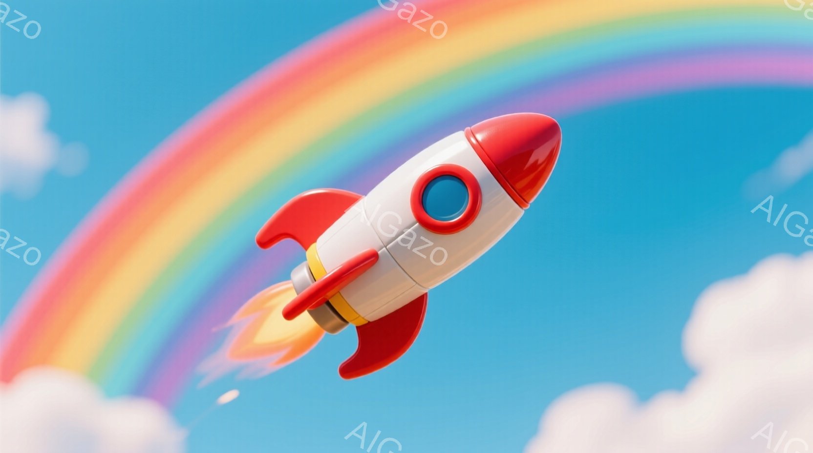 鮮やかな青空に虹がかかり、赤い尾翼と先端を持つ白いロケットが推進力を得て空を飛んでいる。ロケットの尾からはオレンジと黄色の炎が噴き出し、躍動感のある様子を描写している。背景にはふわふわとした雲が広がり、明るく希望に満ちた雰囲気を醸し出している。