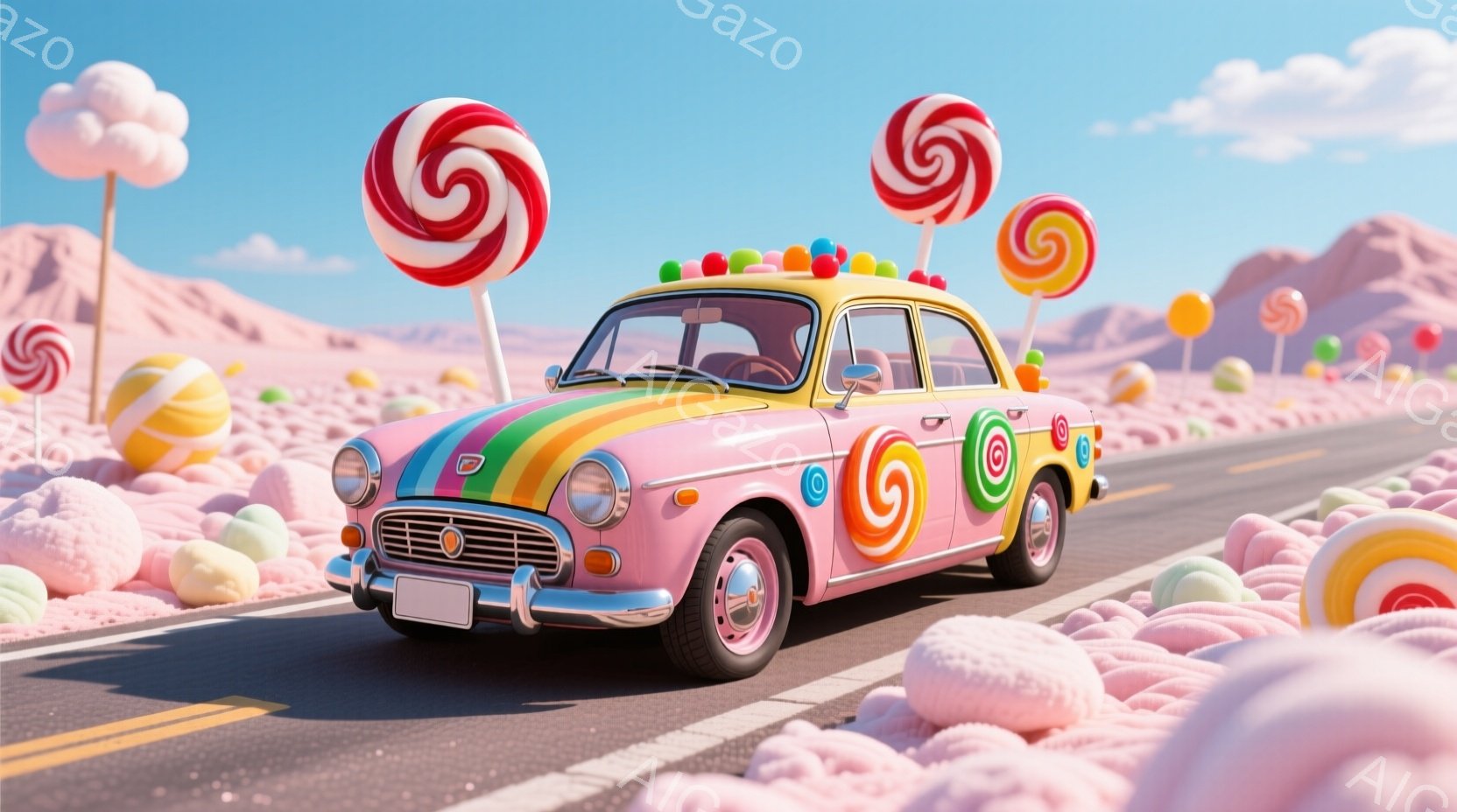 ピンク色のレトロな車が、キャンディのような雲と綿菓子のような丘に囲まれた道路を走っている。車にはカラフルな渦巻き模様が描かれており、まるで甘いお菓子の国に迷い込んだようだ。空は晴れ渡り、全体的に明るく - AI生成フリー素材
