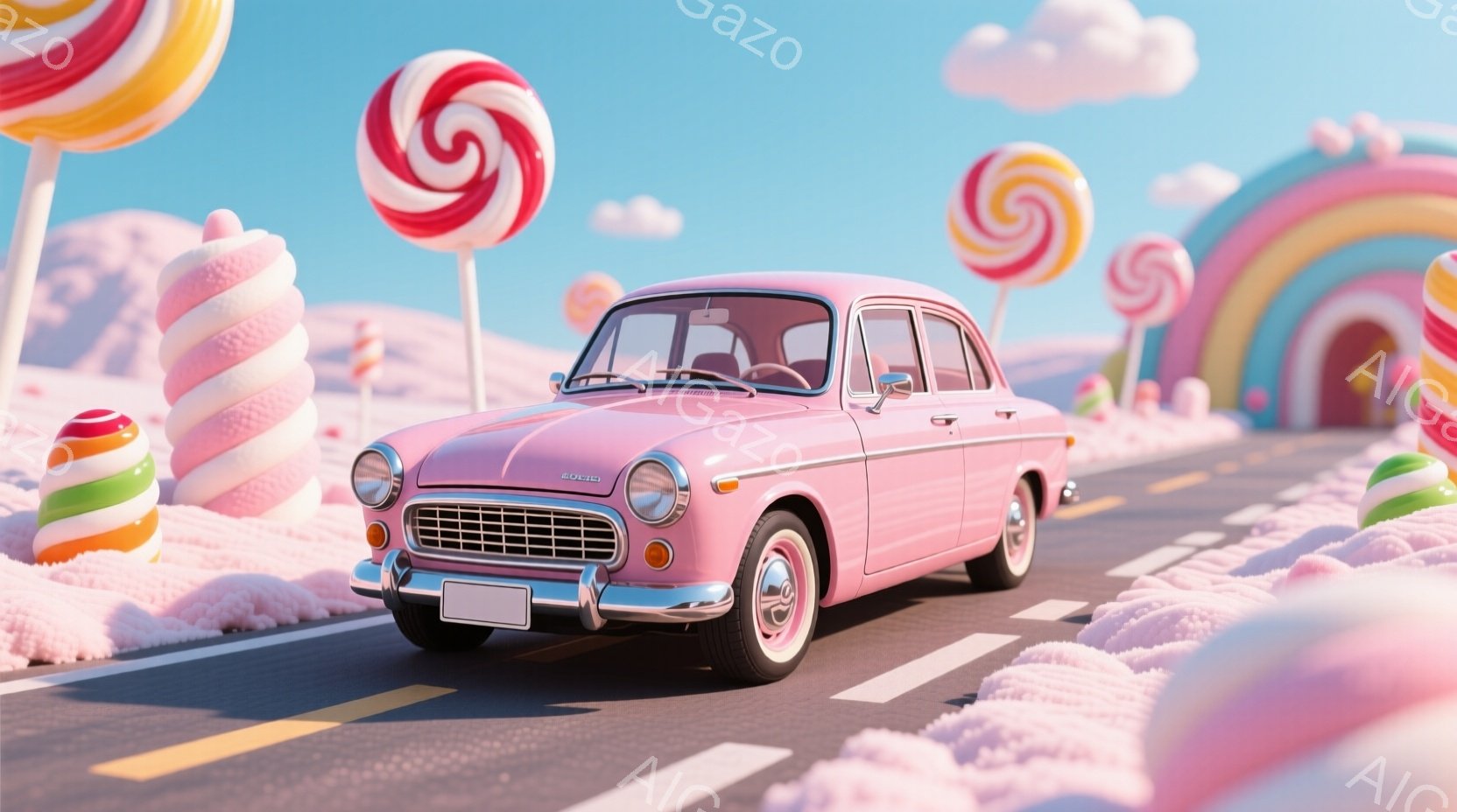 ピンク色のレトロな自動車が、キャンディのような装飾が施された道路を走っています。背景には、巨大なキャンディやカラフルなアーチが立ち並び、綿菓子のような雲が浮かんでいます。全体的に、夢のような、甘くて可愛らしい雰囲気が漂っています。