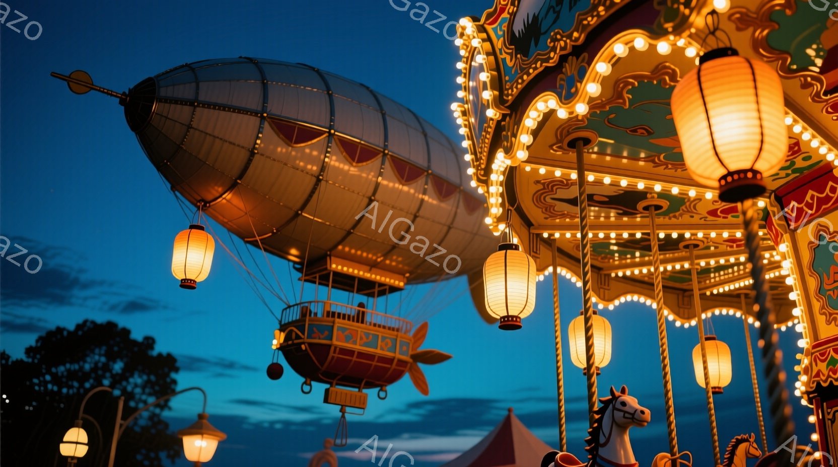 夜空に浮かぶ飛行船が印象的な光景です。メリーゴーランドの一部が画面右側に映り、温かい光が灯っています。背景には木々や遊園地のテントが見え、夜空は深い青色で、幻想的な雰囲気を醸し出しています。 - AI生成フリー素材