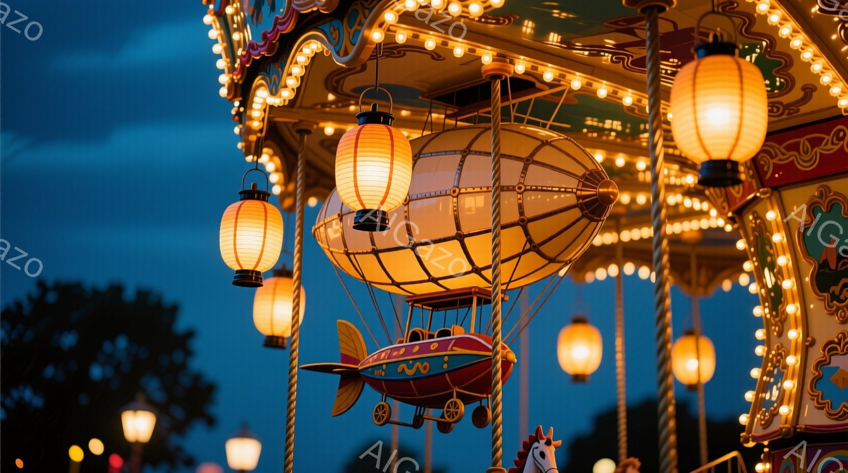 夜空の下、回転木馬の一部が捉えられており、飛行船を模した装飾が中央に位置している。オレンジ色の提灯が木馬の装飾を照らし、背景にはぼんやりと街灯と夕暮れの空が広がり、幻想的な雰囲気を醸し出している。全体的に暖色系の光が支配しており、ノスタルジックでロマンチックな印象を与える。