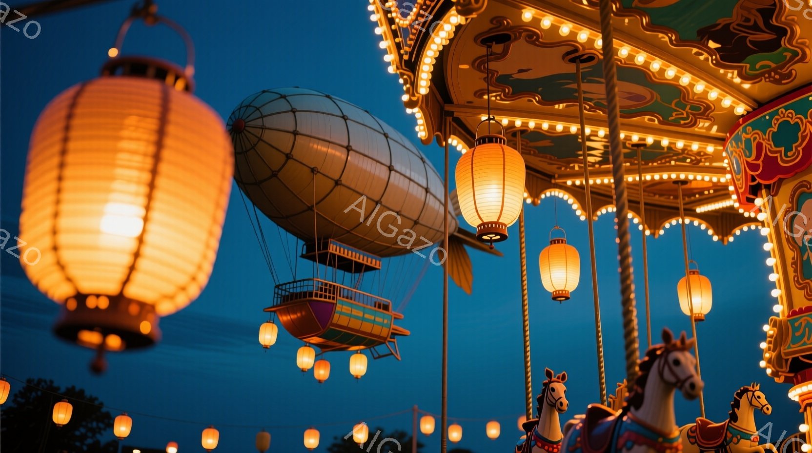夜空を背景に、提灯と回転木馬が幻想的な光景を作り出している。提灯は温かいオレンジ色に光り、回転木馬の装飾は鮮やかで華やかだ。空には小さな飛行船が浮かび、まるで夢のような、どこか懐かしい雰囲気を醸し出している。