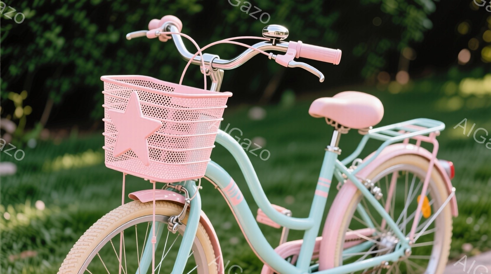 薄い水色のフレームにピンクのアクセントが施された可愛らしい子供用自転車が写っている。バスケットはピンク色で星形の装飾があり、ハンドルバーとサドルもパステルカラーで統一されている。背景には緑豊かな木々が - AI生成フリー素材