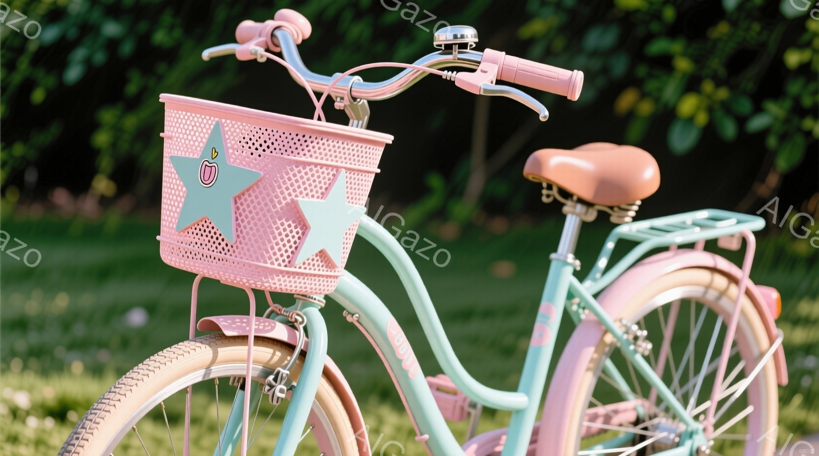 淡い水色のフレームに、パステルピンクのバスケットとサドルが特徴的な自転車が写っている。背景には緑豊かな草地と木々が見え、晴れた日の穏やかな雰囲気が漂っている。全体的に可愛らしく、春らしいパステルカラーが印象的な画像である。
