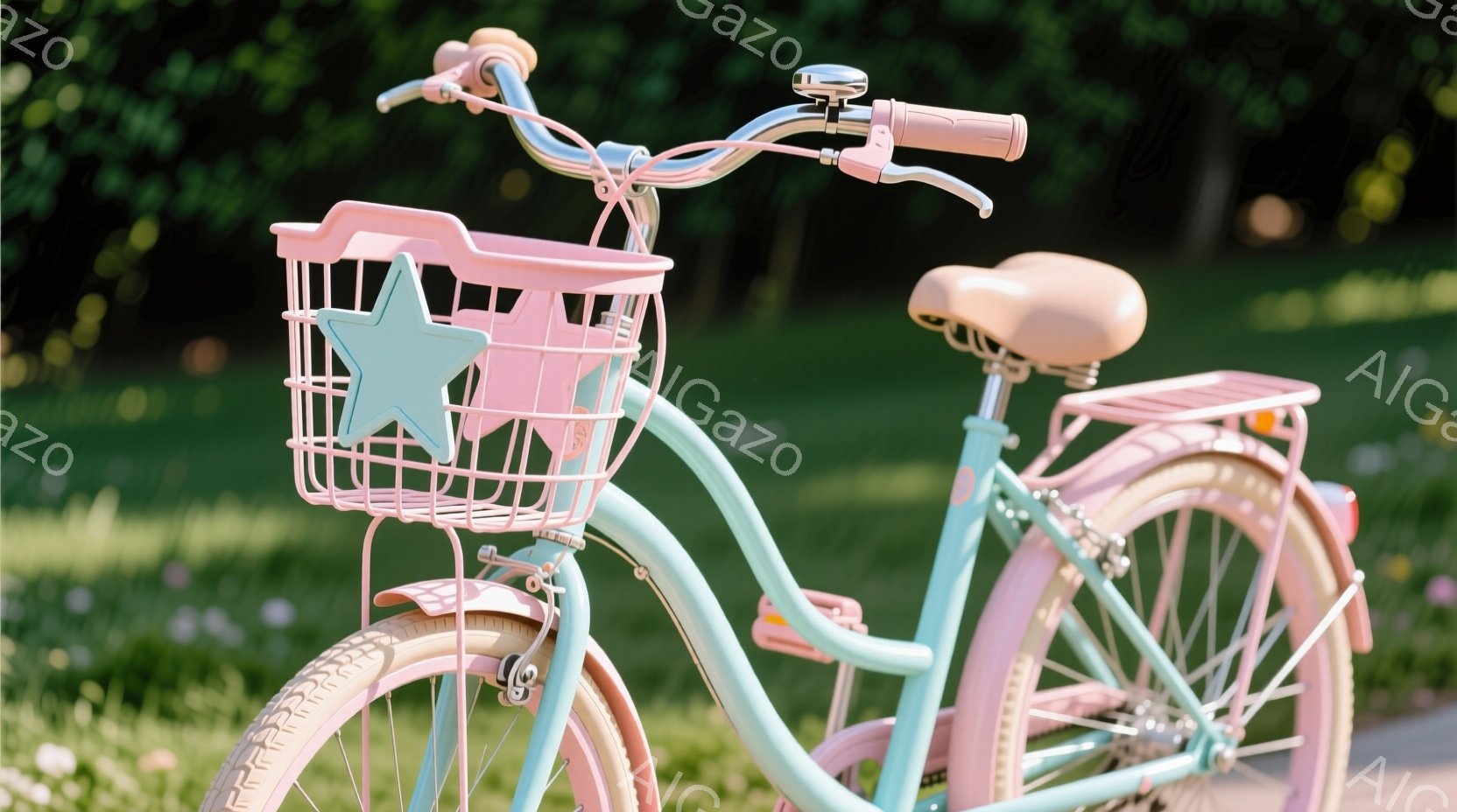 淡いミントグリーンとピンク色の可愛らしい自転車が写っている。バスケットには星形の飾りがあり、全体的にパステルカラーで統一された優しい印象を与える。背景には緑豊かな自然が広がり、晴れた日の穏やかな雰囲気 - AI生成フリー素材