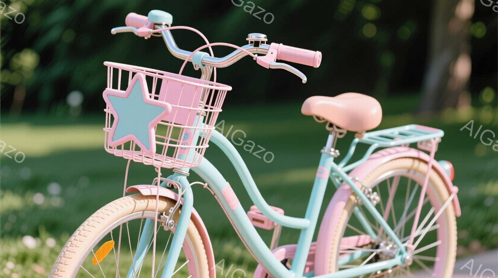 淡い水色とピンク色の可愛らしい自転車が写っている。バスケットは星型でピンク色、ハンドルやサドルのグリップもピンク色で統一感がある。背景は緑豊かな自然で、明るい日差しの下、優しい雰囲気の画像となっている - AI生成フリー素材