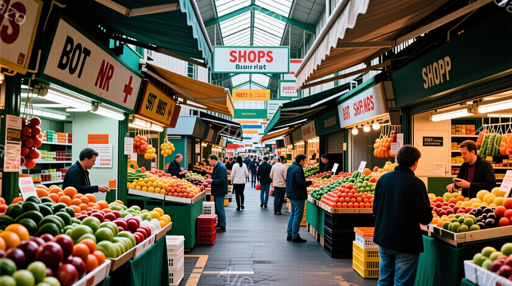市場の通路は、赤やオレンジ色の果物で溢れる屋台で賑わっている。多くの人々が立ち並び、果物を吟味したり、購入したりしている様子が伺える。屋台はカラフルで活気に満ちており、市場全体が賑やかで活気のある雰囲気を醸し出している。