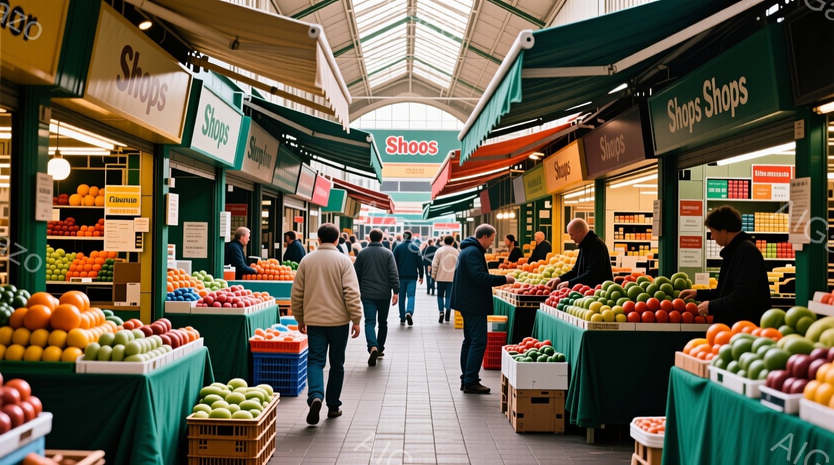 活気のある市場の通路を人々が歩いている様子が写っている。鮮やかな緑色の屋根の下、様々な色のトマトやオレンジ、リンゴなどが並べられ、活気に満ちている。人々はカジュアルな服装で、買い物を楽しんでいる様子で - AI生成フリー素材