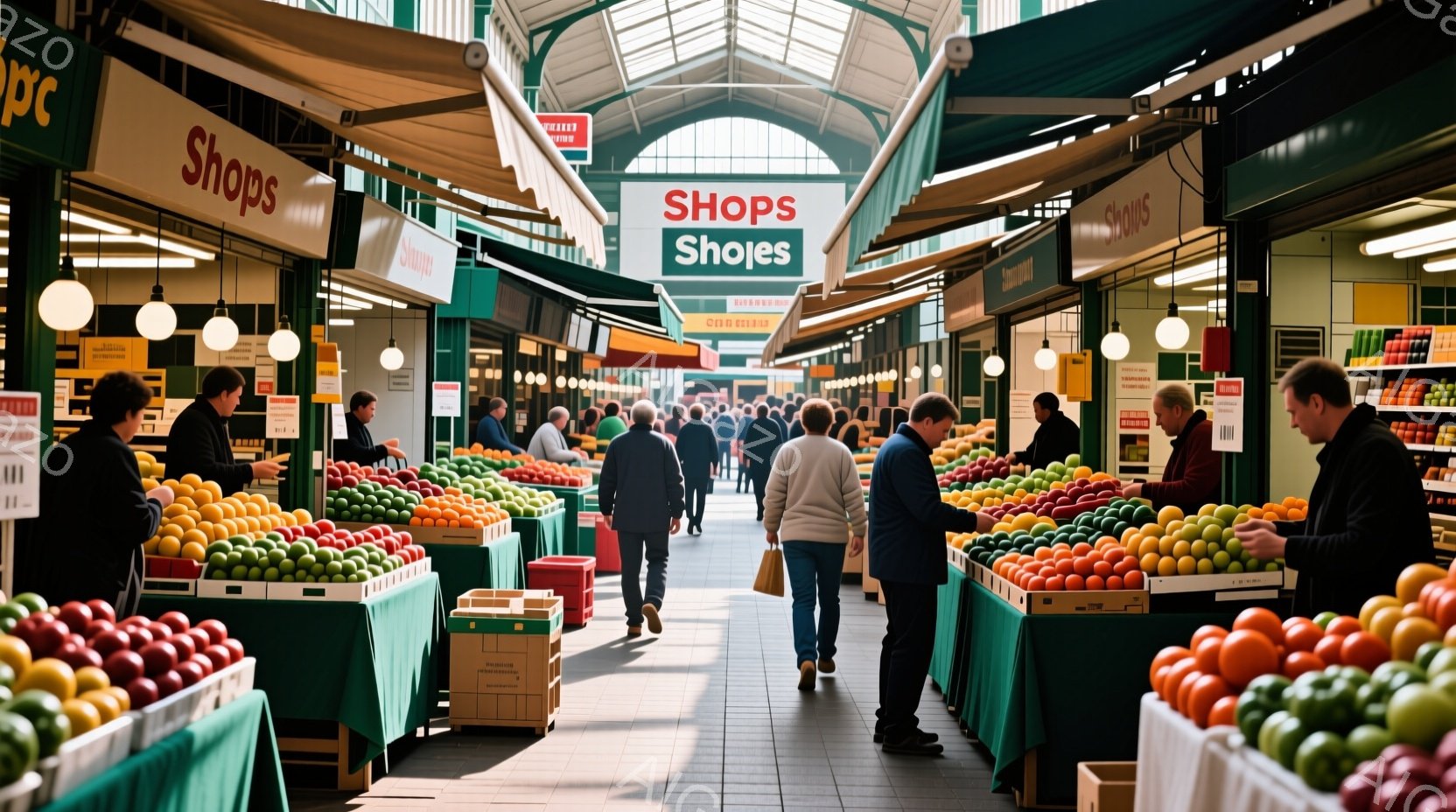 市場の通路は、色とりどりの果物や野菜で溢れ、活気に満ちている。人々はカジュアルな服装で、通路を歩いたり、商品を閲覧したりしている様子で、表情は穏やかでリラックスしている。天井が高く、アーチ状になってお - AI生成フリー素材