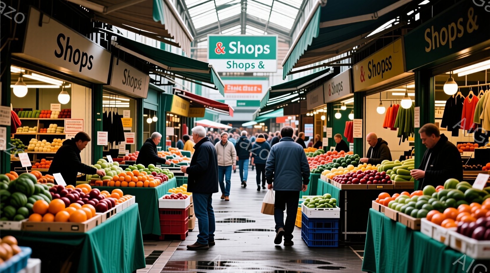 市場の通路は人で賑わっており、様々な色の新鮮な果物が並んだ店が両側にあります。多くの人々はカジュアルな服装で、買い物や通路を歩いています。天井は高く、ガラス張りの構造で、市場全体が明るく活気に満ちた雰 - AI生成フリー素材
