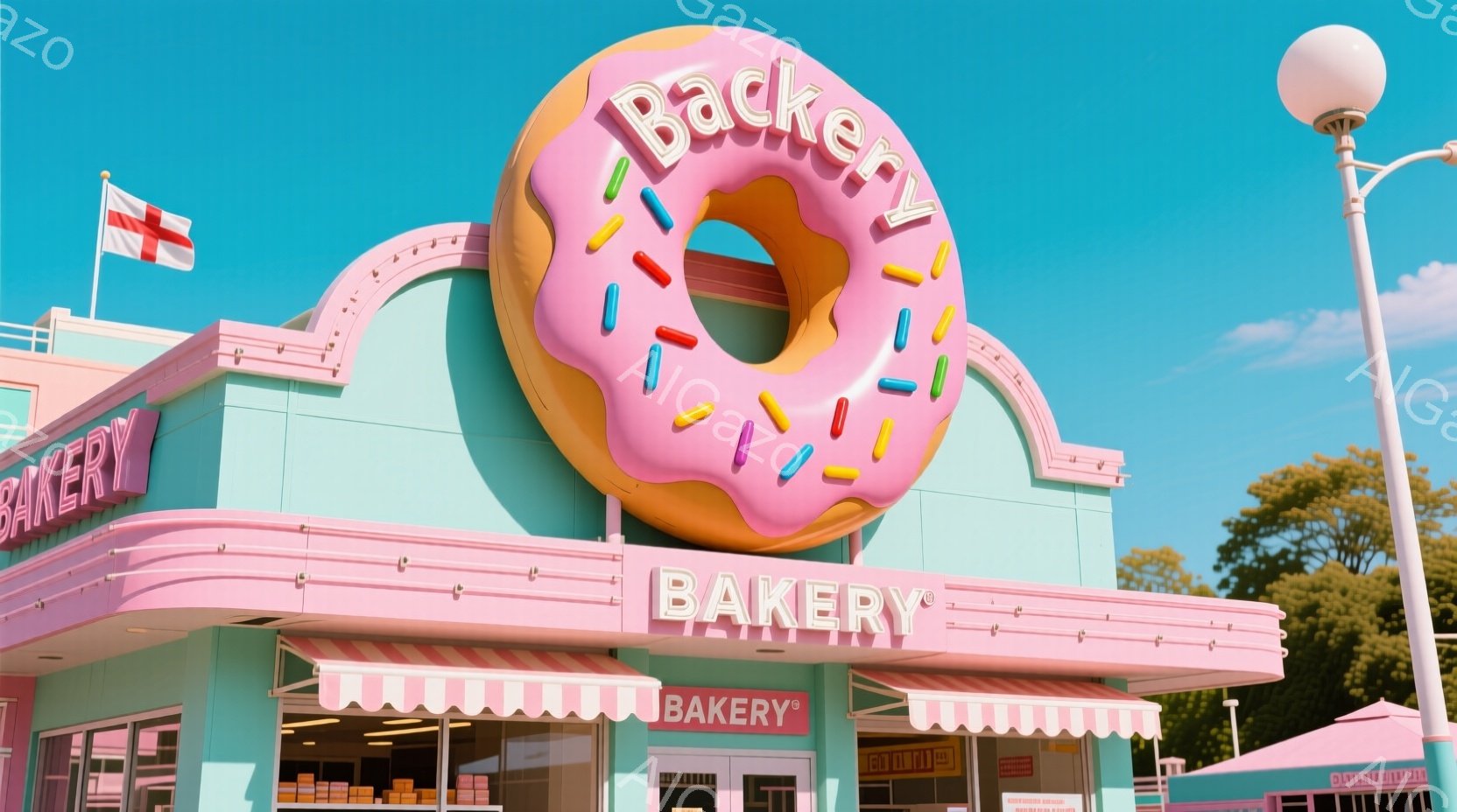 ピンク色のドーナツが大きく看板として取り付けられた、レトロな趣のベーカリーの外観です。建物はパステルカラーで、白とピンクのストライプ模様のオーニングが設置されています。背景には青空が広がり、緑豊かな木々が一部見え、全体的に明るく、甘い香りが漂いそうな雰囲気が漂います。