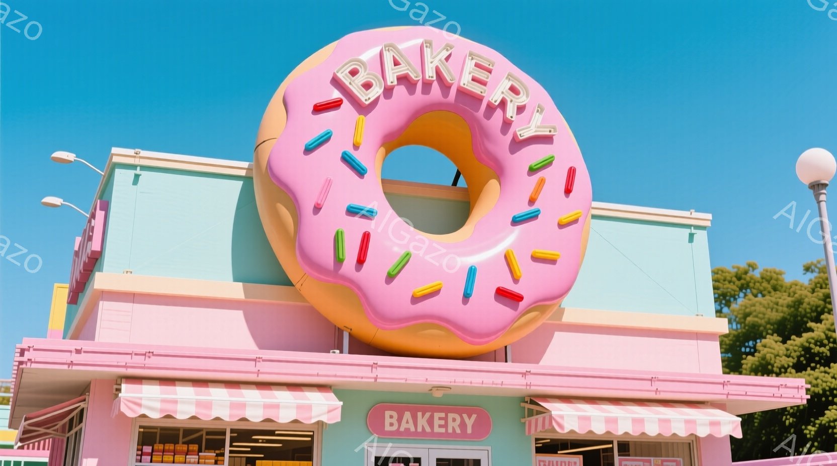 明るいパステルブルーとピンク色の建物が特徴的なベーカリーの外観です。巨大なドーナツの看板が建物の上に飾られており、カラフルなスプリンクルが施されています。背景には青空と緑の木々が見え、全体的にポップで可愛らしい雰囲気が漂っています。