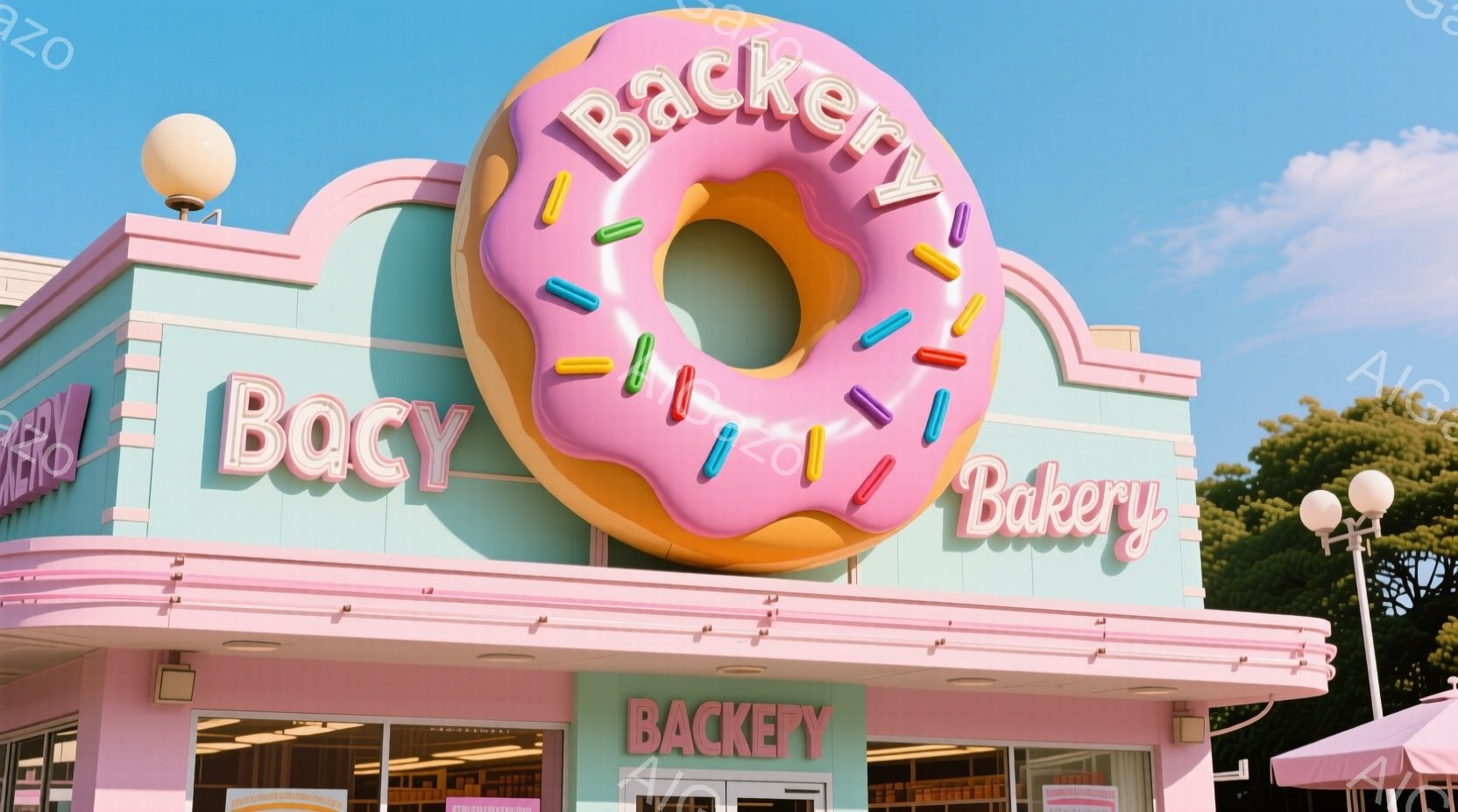 パステルブルーとピンクの可愛らしいベーカリーの外観で、大きなドーナツの看板が目を引きます。空は晴れで、背景には緑の木々が見え、全体的に明るく、お菓子屋らしい甘い雰囲気が漂っています。看板の文字は「BAKERY」と書かれており、可愛らしいフォントでデザインされています。