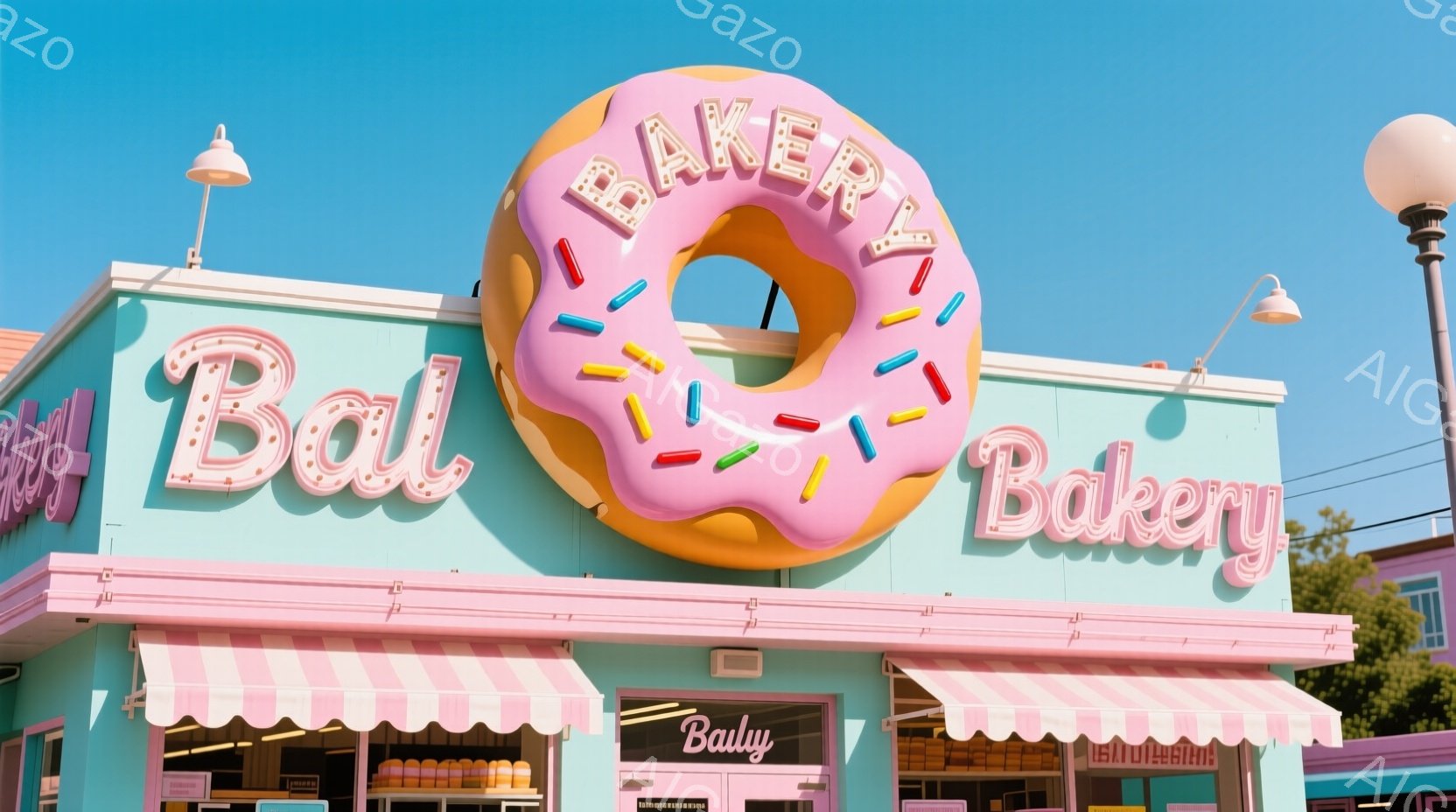 明るい青空の下、ピンクと水色の可愛らしいベーカリーの外観が映っている。大きなドーナツの看板が目を引き、その周りには「BAKERY」と書かれた文字が飾られている。建物はピンクと水色のストライプで、全体的にレトロで甘い雰囲気が漂っている。