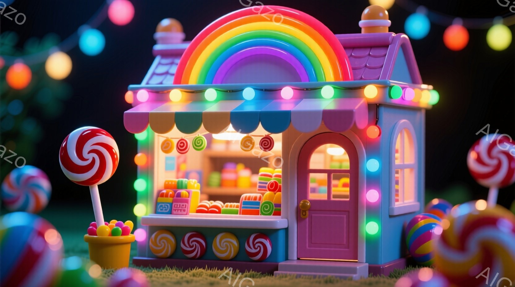 カラフルなキャンディショップが緑の芝生の上にあります。ショーケースには、さまざまな色と形のキャンディが並べられ、可愛らしい外観に多くの人々が魅了されるでしょう。背景には、光り輝くカラフルな電球が散りばめられ、夢のような雰囲気を醸し出しています。