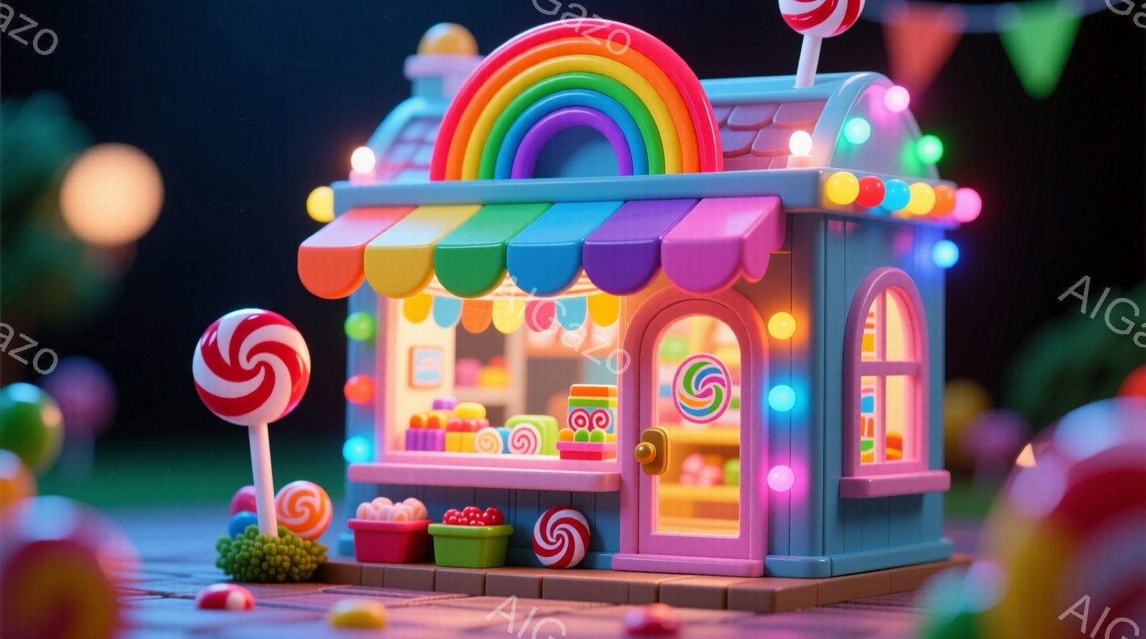 カラフルなキャンディショップが描かれています。淡い水色の建物は、虹色の装飾と様々なキャンディで飾られ、遊び心に満ちた雰囲気を醸し出しています。背景には、ぼんやりとした光を放つキャンディが散りばめられ、夢のような世界観を演出しています。