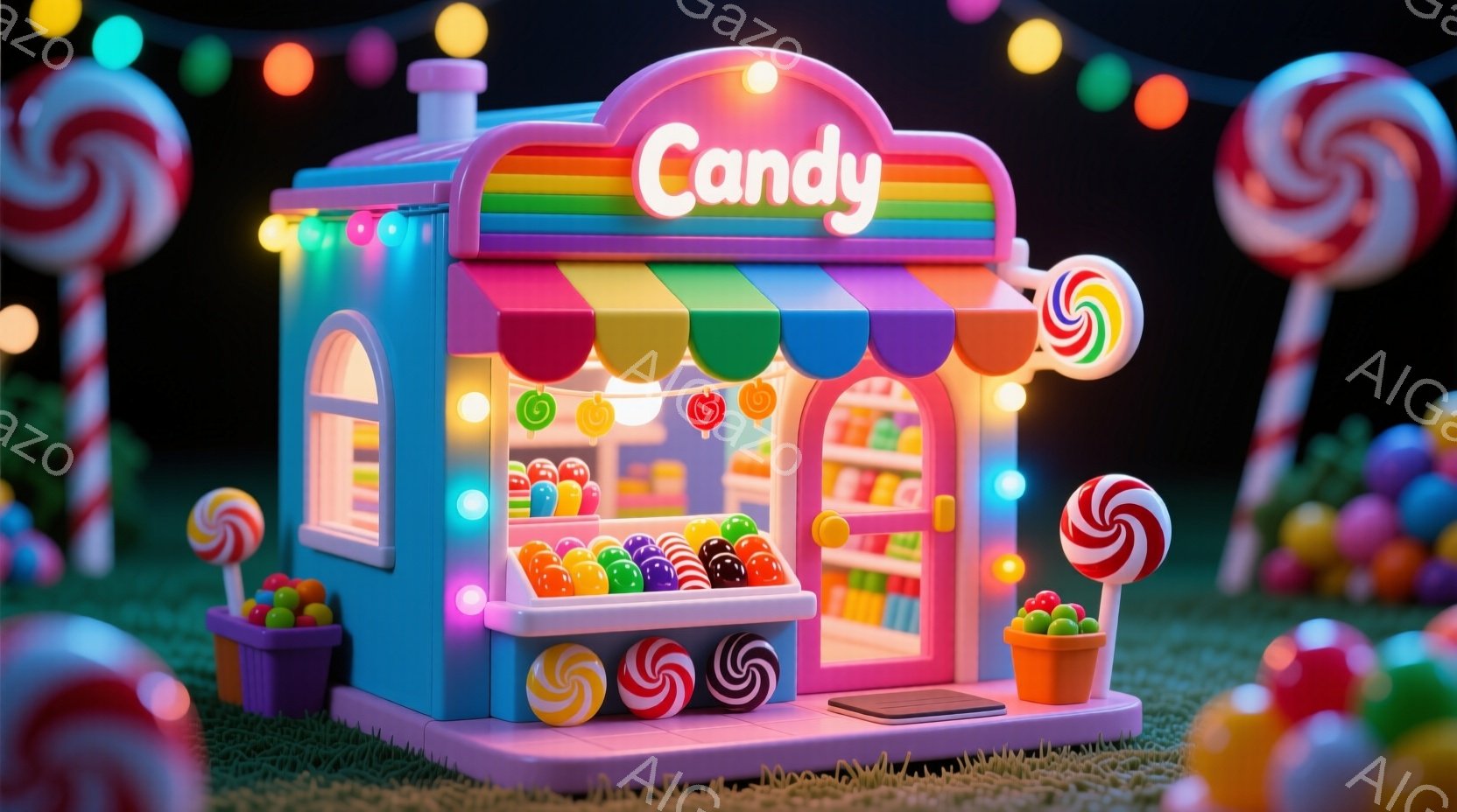 カラフルなキャンディショップが緑の芝生の上に建っており、店先には様々な種類のキャンディが並べられています。店はピンク色を基調とし、虹色のキャノピーと大きなキャンディの装飾が可愛らしい雰囲気を醸し出して - AI生成フリー素材