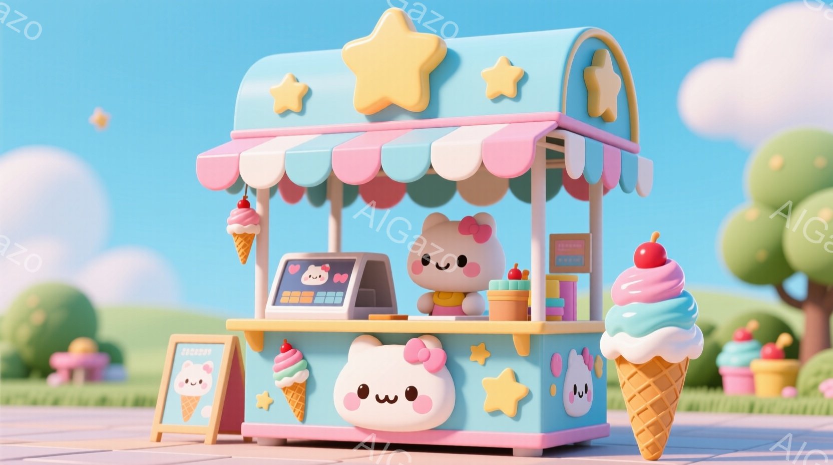 鮮やかなパステルカラーのソフトクリーム屋台が描かれています。店員は丸い顔に大きな瞳を持つ可愛らしいキャラクターで、ピンクのオーバーオールを着ています。背景には、緑の丘と青い空が広がり、丸い雲が浮かんで - AI生成フリー素材