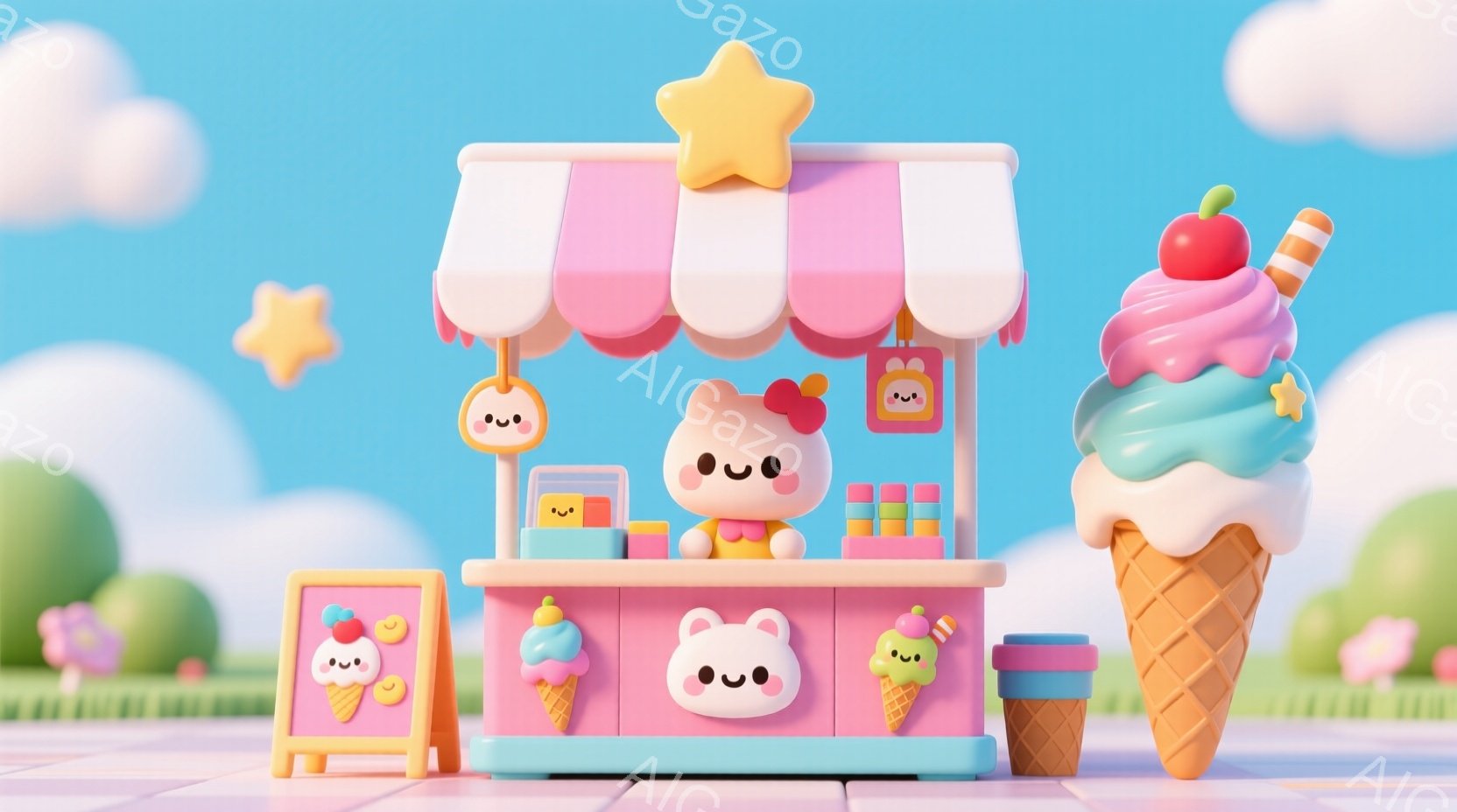 鮮やかなピンクと水色の屋台が、可愛らしいクマのキャラクターによって運営されています。クマはピンクの服を着ており、屋台にはソフトクリームや飲み物、お菓子の入った箱が並んでいます。背景には緑の芝生と丸い木 - AI生成フリー素材