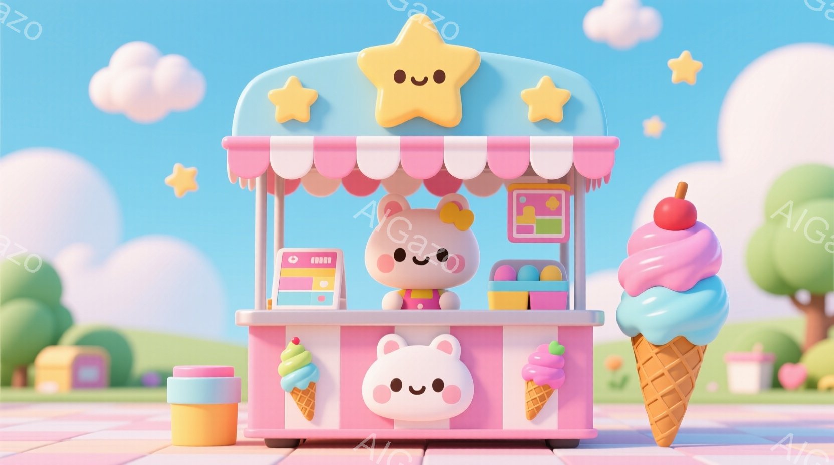 鮮やかなピンク色の屋台が中央にあり、可愛らしいクマのキャラクターが店員として立っています。クマはピンク色の服を着ており、嬉しそうな表情をしています。背景には、パステルカラーの建物や木々があり、空には星 - AI生成フリー素材