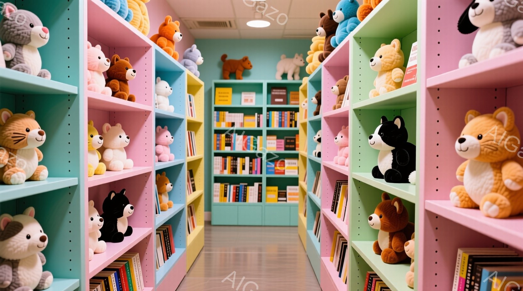 カラフルな本棚が両側に並び、棚には様々な種類のぬいぐるみがあふれています。ぬいぐるみは猫、犬、クマなど多様で、それぞれ異なる色と表情を持っています。明るいパステルカラーの空間は、遊び心があり、温かく、親しみやすい雰囲気を醸し出しています。