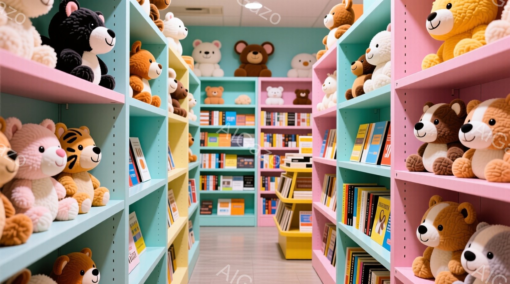 鮮やかなピンクと水色の棚が整然と並び、その中に様々な種類のテディベアがぎっしりと詰め込まれています。テディベアは茶色、白、ベージュなど様々な色で、表情は穏やかで可愛らしいです。背景には本棚が続き、全体的に温かく、夢のような雰囲気の空間が広がっています。