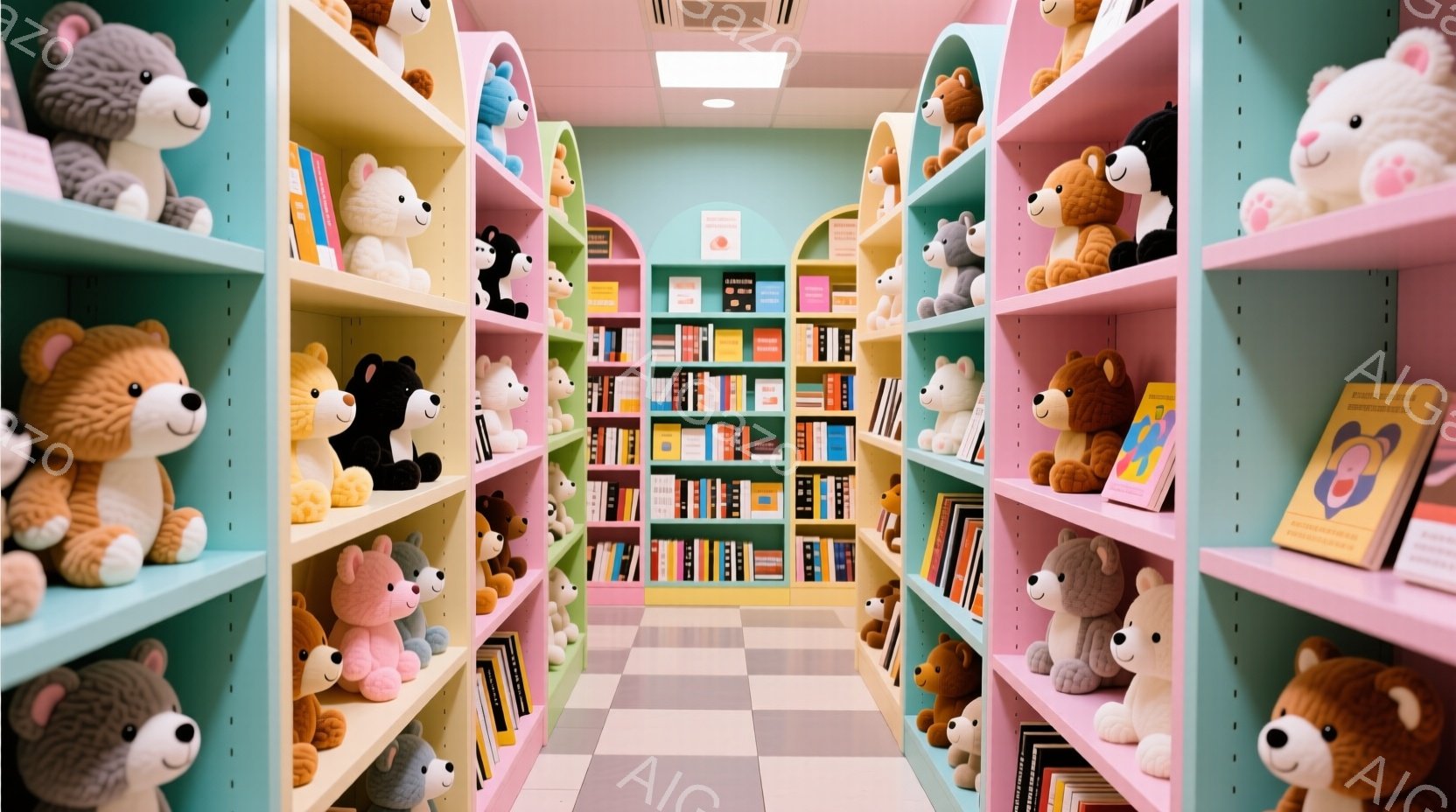 カラフルな本棚が並ぶ部屋で、各棚には可愛らしいテディベアが所狭しと並べられています。テディベアは様々な色と大きさで、ピンク、緑、水色などのパステルカラーの本棚に可愛らしく飾られています。床は白とグレーのチェック柄で、全体的に柔らかく、遊び心のある雰囲気です。