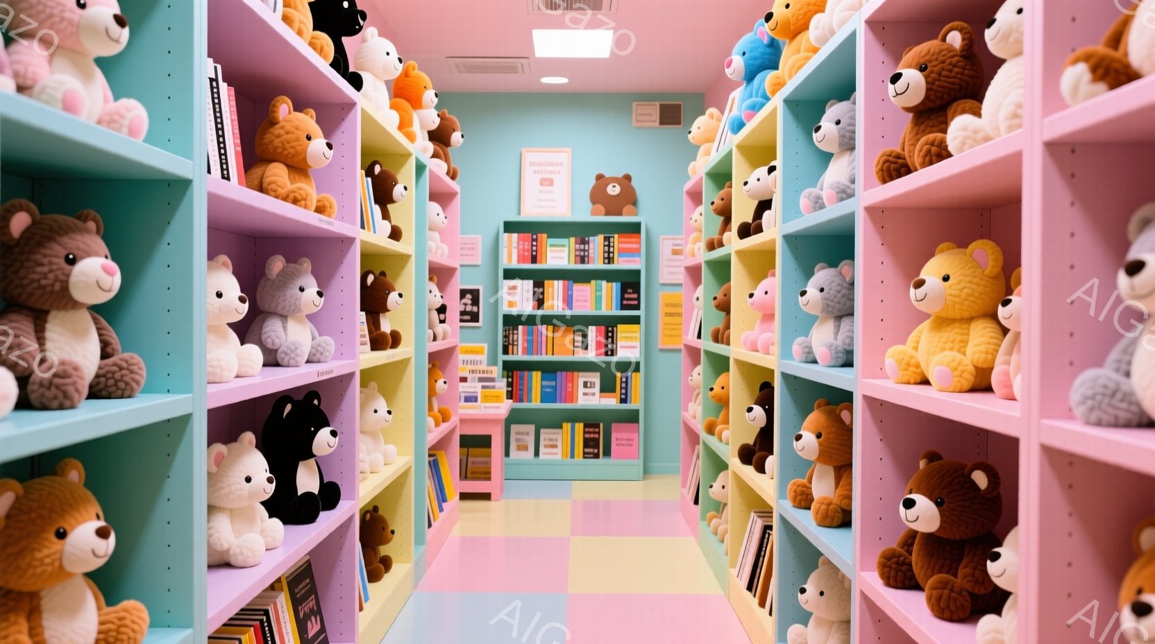 鮮やかなパステルカラーの棚が並び、そこには無数のテディベアが整然と並べられている。テディベアは様々な色とポーズで、まるで小さなギャラリーのようだ。床はカラフルなタイルで覆われ、全体的に柔らかく、夢のような雰囲気を醸し出している。