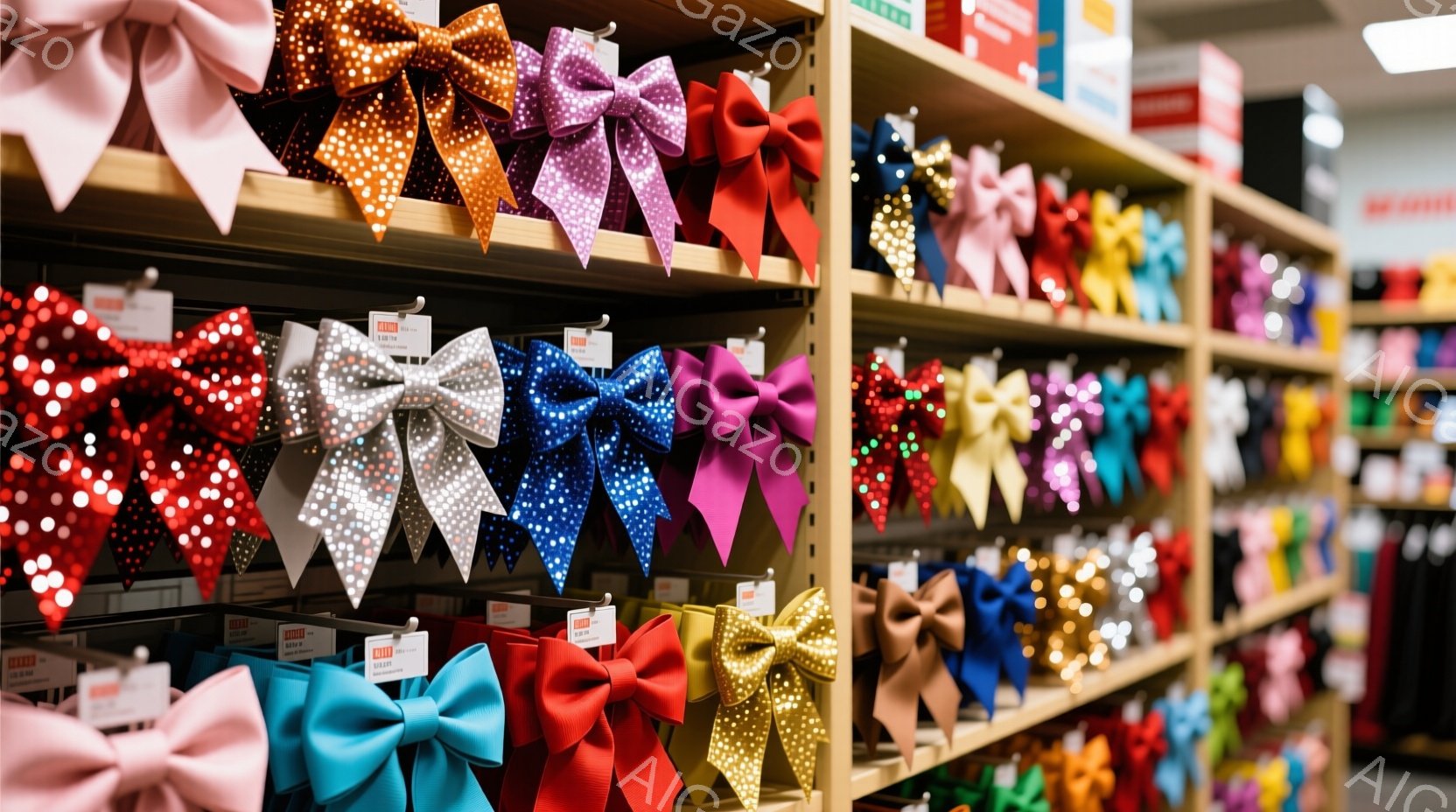 さまざまな色の大きなリボンが棚に並べられている様子を捉えています。リボンは赤、青、銀、金、ピンクなど、多種多様な色と素材で、キラキラと輝いています。背景には他の商品がぼんやりと見え、明るく華やかな雰囲気が漂っています。