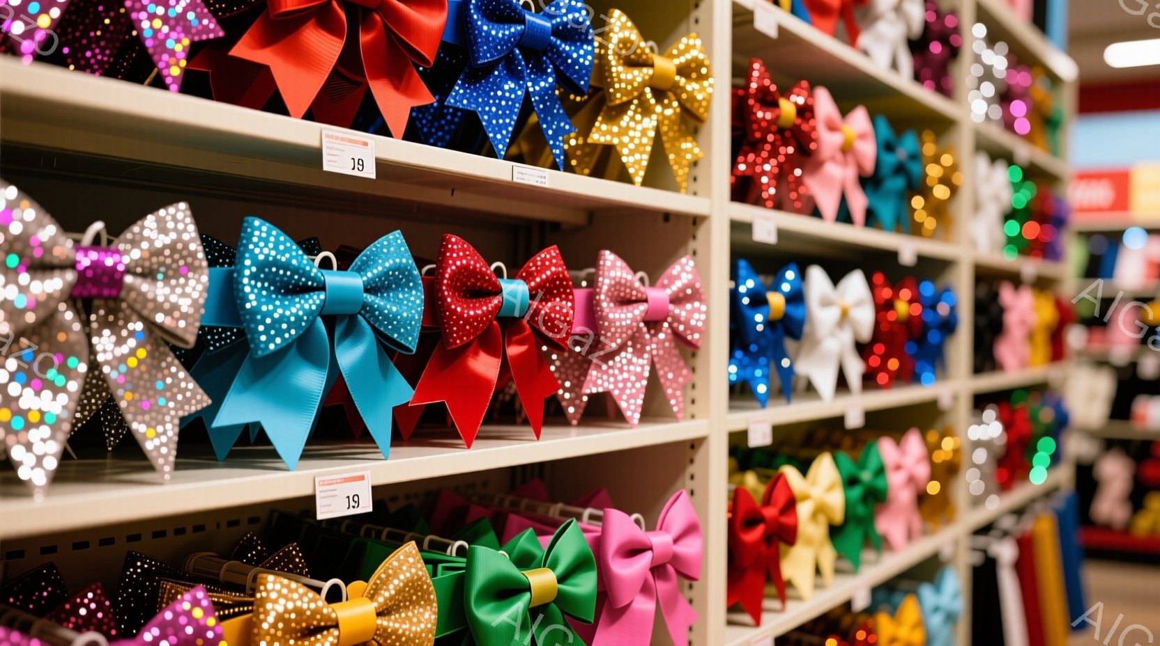 白い棚にカラフルなリボンが整然と並べられています。リボンは様々な色と素材で、キラキラした装飾が施されたものもあります。背景はぼやけており、お店の様子がうかがえますが、全体的に明るく華やかな雰囲気が漂っています。