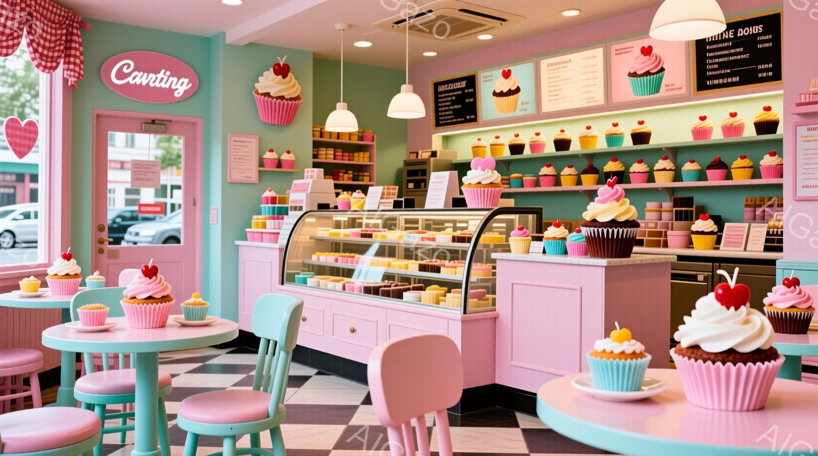 ピンクとミントグリーンの可愛らしいカップケーキ店内部です。ショーケースには色とりどりのカップケーキが並び、壁にはメニューが飾られています。テーブルと椅子もピンクとミントグリーンで統一され、全体的に甘く - AI生成フリー素材