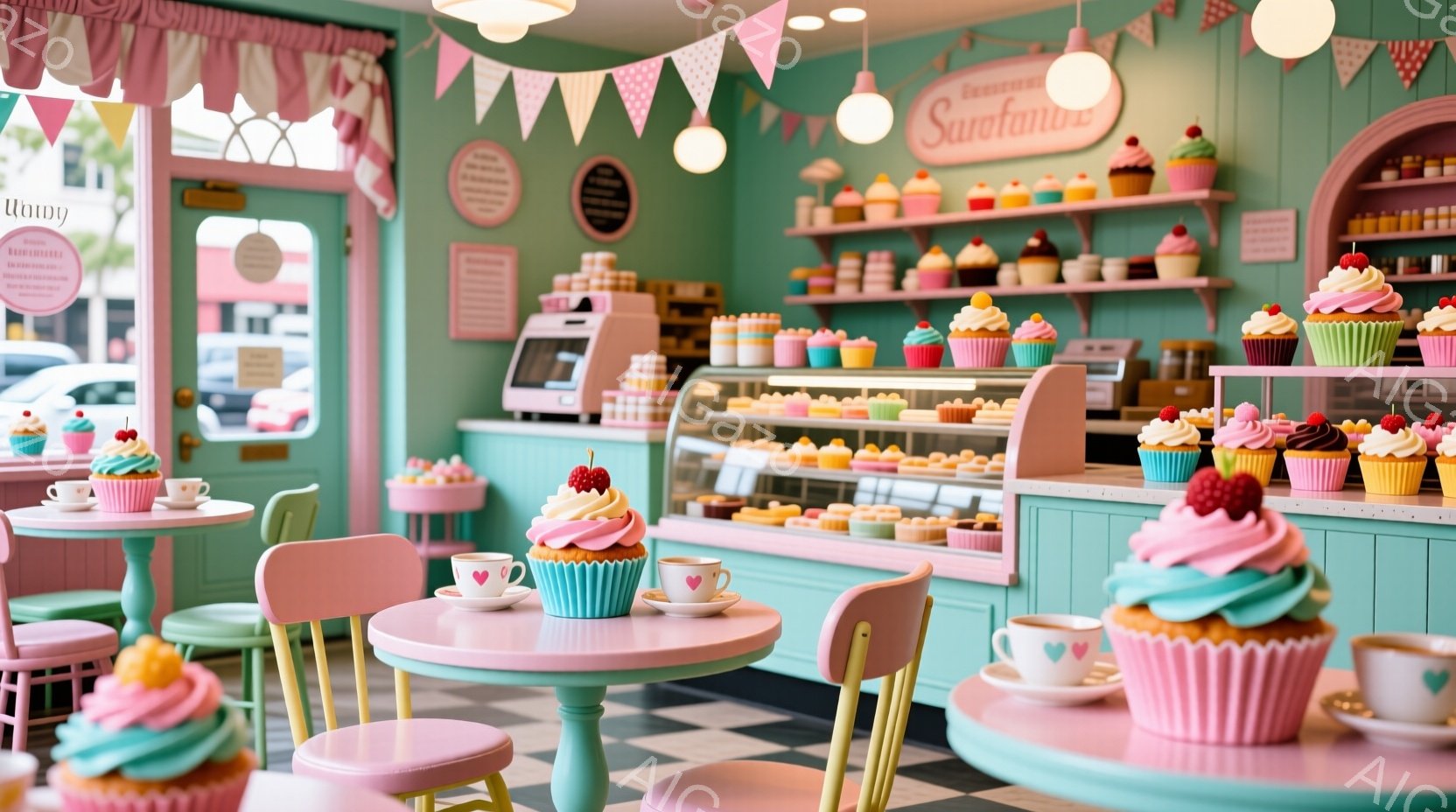 明るいピンクとターコイズブルーを基調としたカップケーキ店です。ショーケースとテーブルには、カラフルで可愛らしいカップケーキが並べられており、窓からは自然光が差し込んでいます。全体的に甘くて夢のような、 - AI生成フリー素材