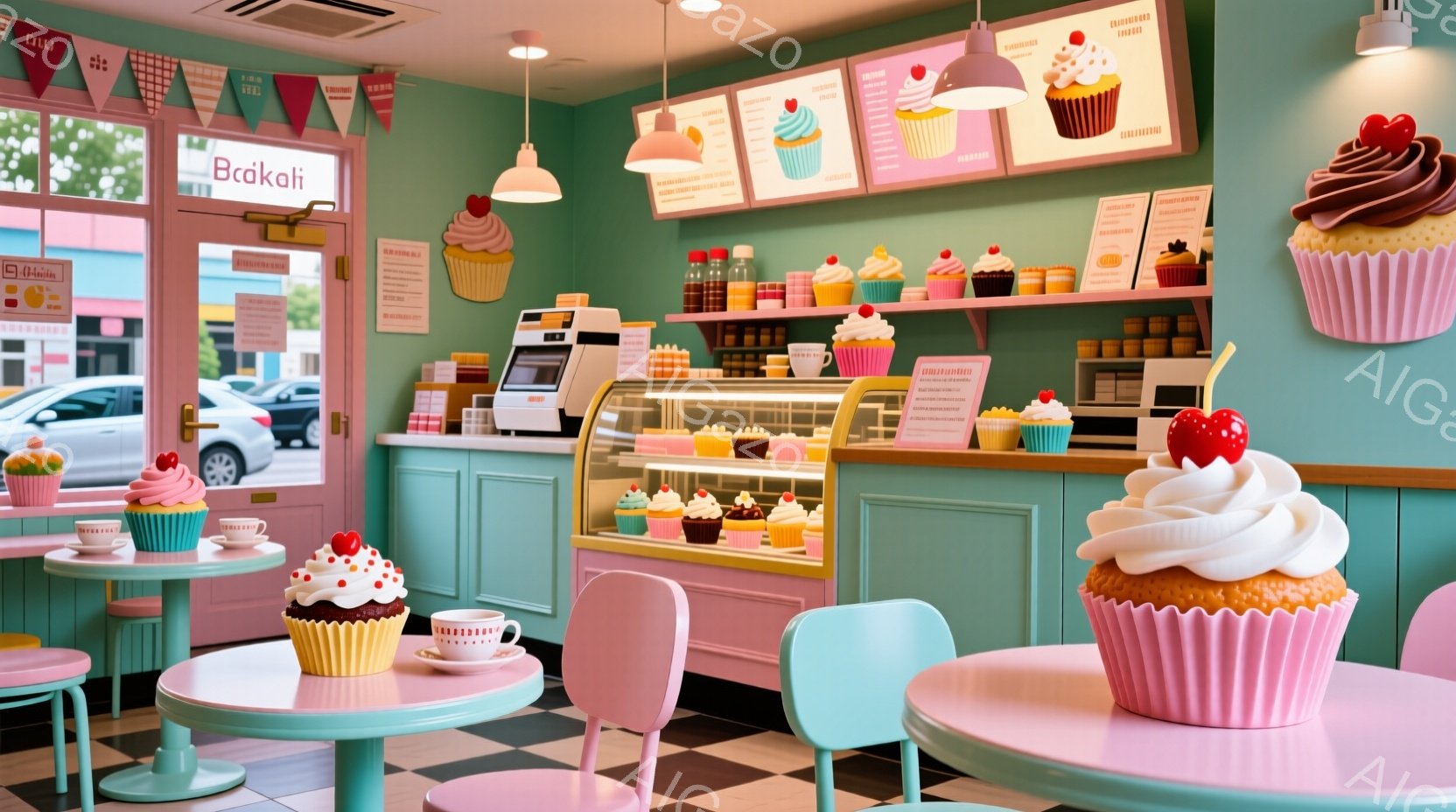 明るいピンクと水色の内装が特徴的なカップケーキ専門店です。ショーケースには色とりどりのカップケーキが並び、壁にはカップケーキのイラストが飾られています。可愛らしい雰囲気で、まるで童話の世界に入り込んだ - AI生成フリー素材