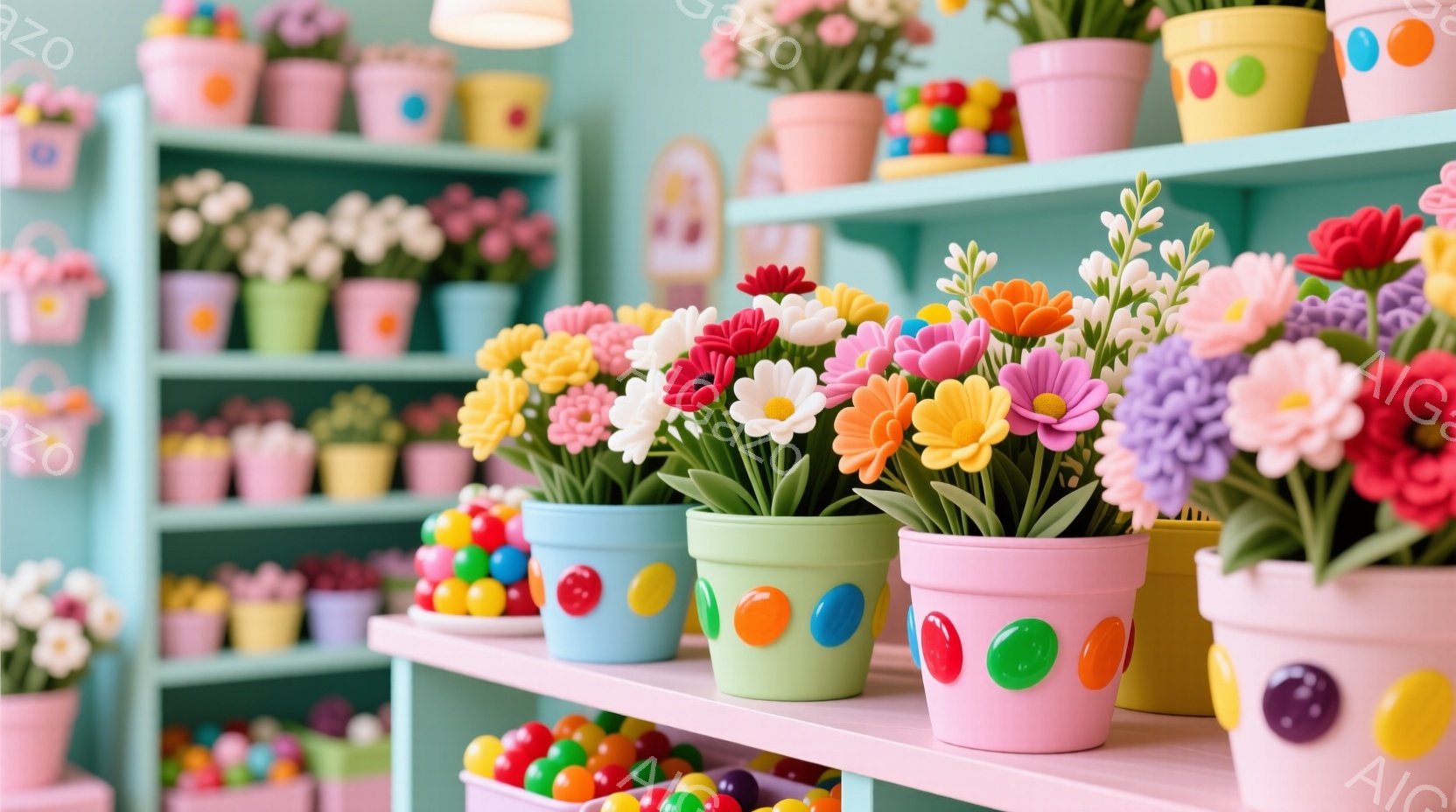 カラフルな鉢植えの花が棚に整然と並べられています。背景には、同じようにカラフルな鉢植えで埋められた別の棚と、丸いボールが敷き詰められた床が見えます。全体的に明るく、遊び心のある、お菓子のような雰囲気です。