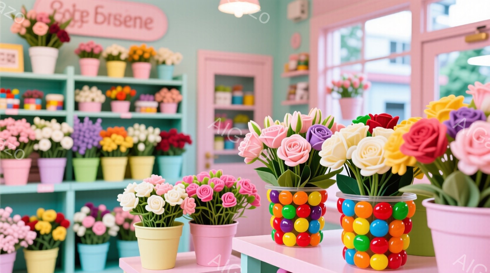 鮮やかな色彩の花々が、可愛らしい陶器の鉢やプラスチック製の容器に活けられて、お店に飾られています。背景には、さらに多くの花々が並んだ棚が見え、パステルカラーを基調とした店内は、まるでキャンディーショップのような甘い雰囲気を醸し出しています。全体的に明るく、華やかで、春らしい、楽しげなイメージです。
