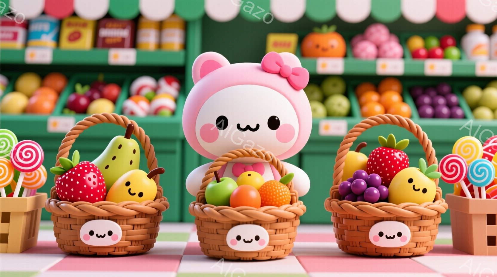 可愛らしいピンク色のキャラクターが、果物でいっぱいのバスケットを抱えた姿を描いています。キャラクターは大きなリボンをつけており、つぶらな瞳と控えめな笑顔が印象的です。背景には、様々な種類の果物が並んだ - AI生成フリー素材