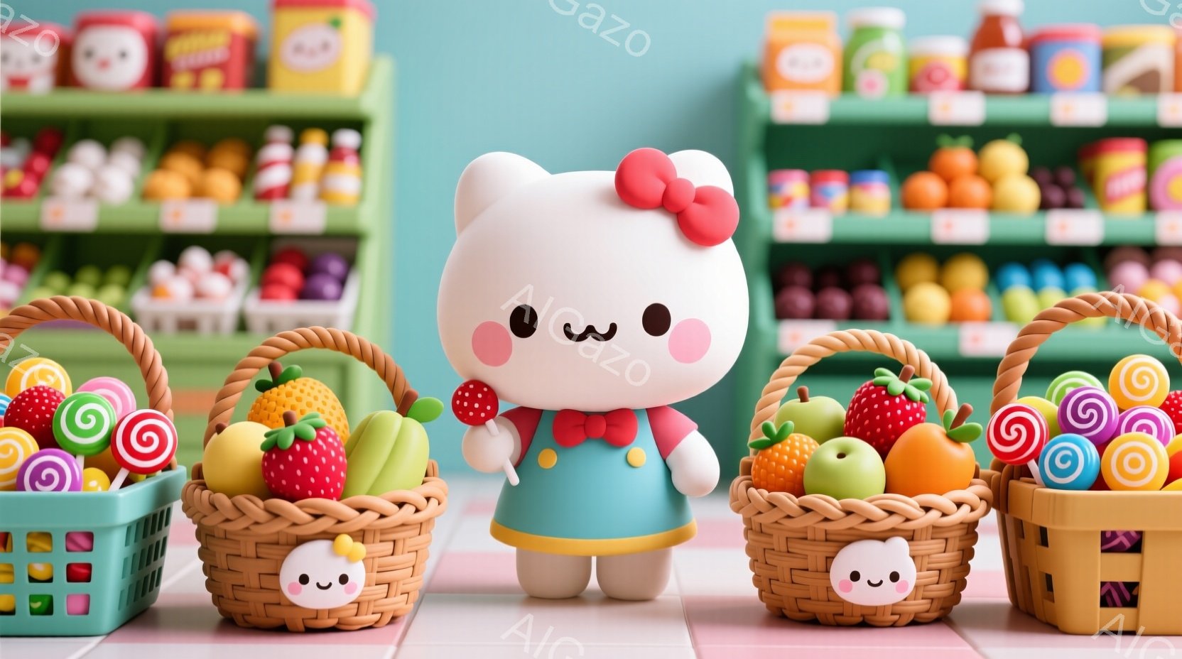 ハローキティがフルーツを手に持っており、キャンディもある、楽しいカラフルな店の中にいます。彼女はポケットからキーチェーンが見えるでしょう。