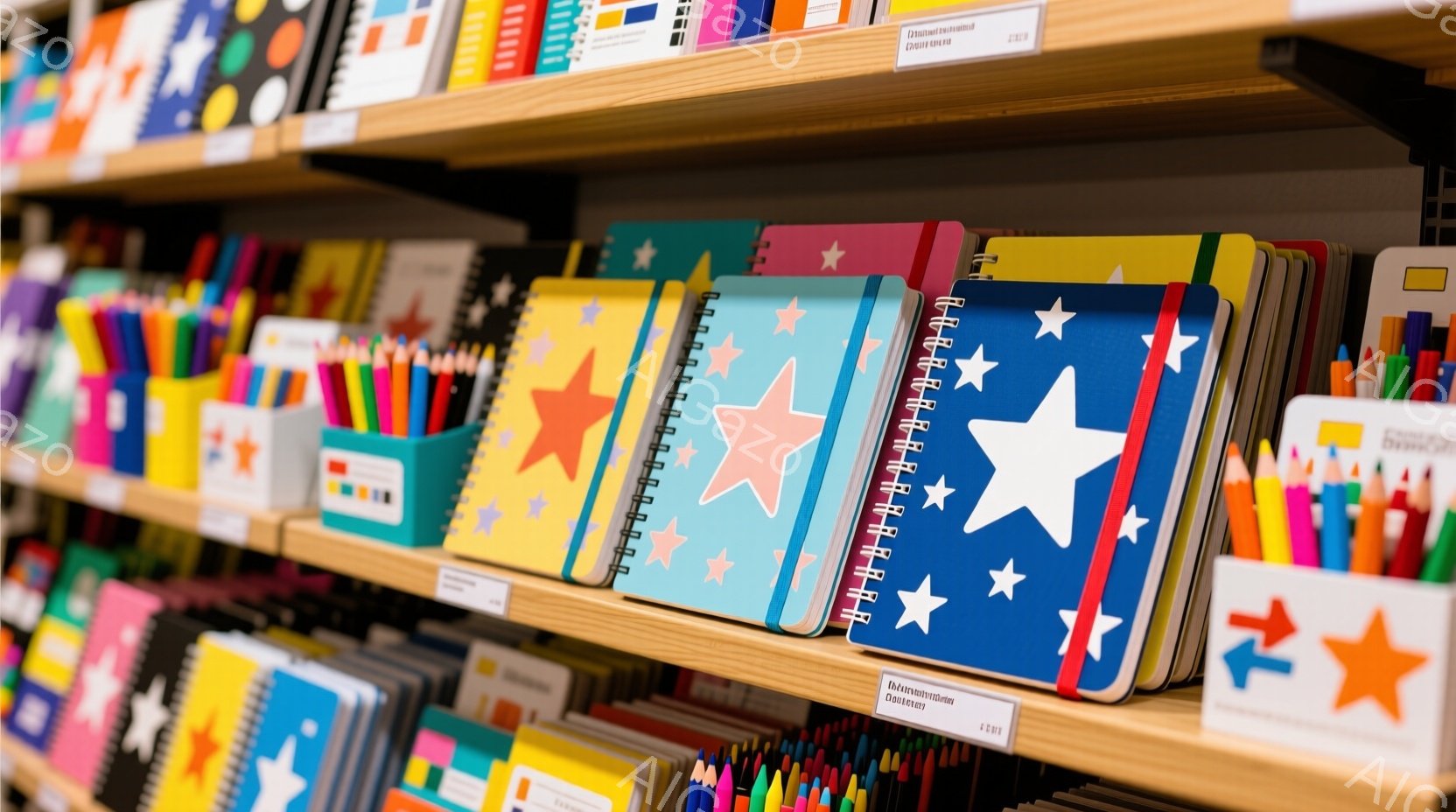 本棚には、さまざまな色のノートが整然と並べられています。青、ピンク、水色のノートにはそれぞれ異なる星模様が描かれており、鮮やかな色彩が目を引きます。背景には色鉛筆の箱も見え、文具店の一角の様子であることが伺えます。