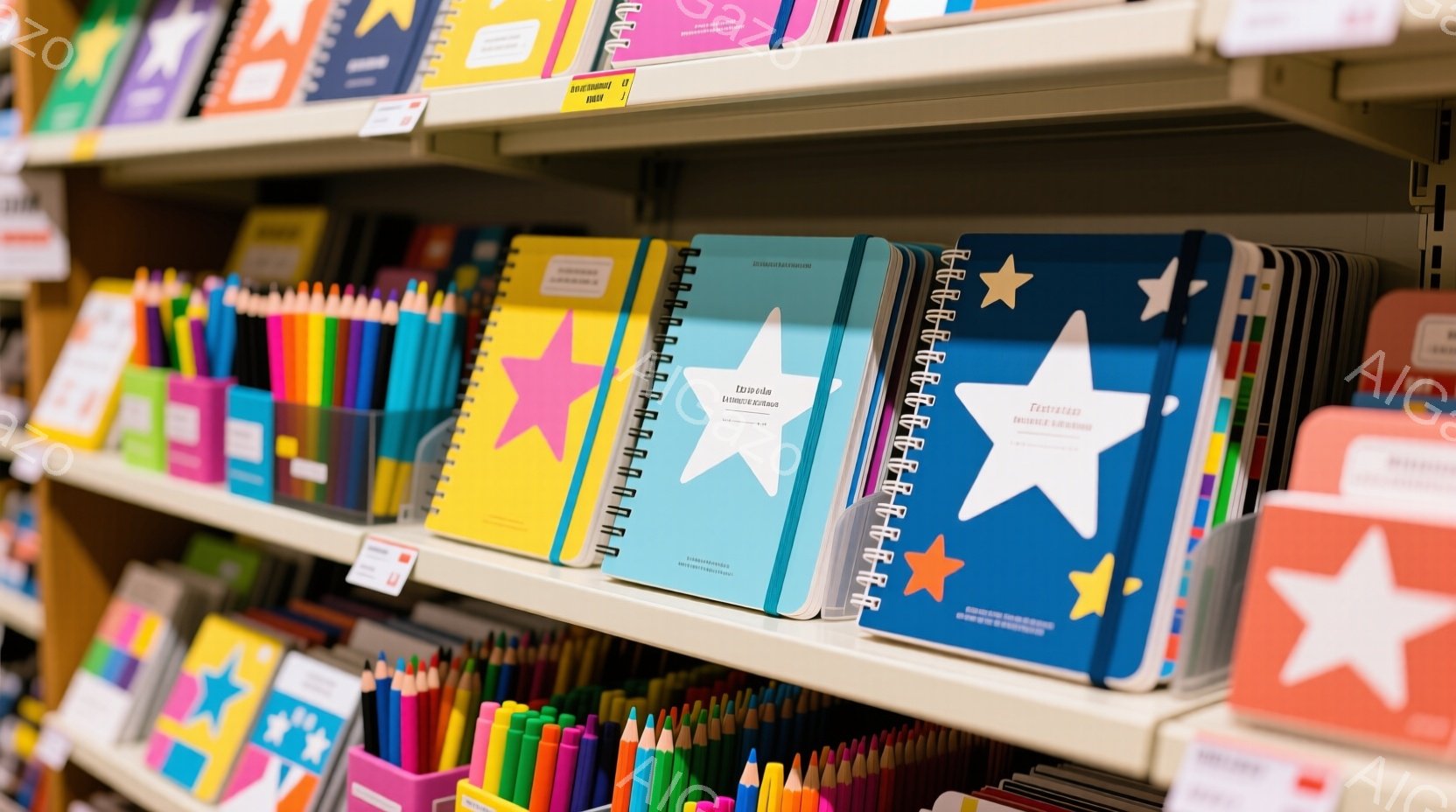 本屋の棚に並んだノートとペンが写っています。青色の表紙に星の模様が入ったノートが目立ち、様々な色のペンがノートの隣に並べられています。明るい照明とカラフルな商品が、活気のある購買意欲を掻き立てる雰囲気を醸し出しています。