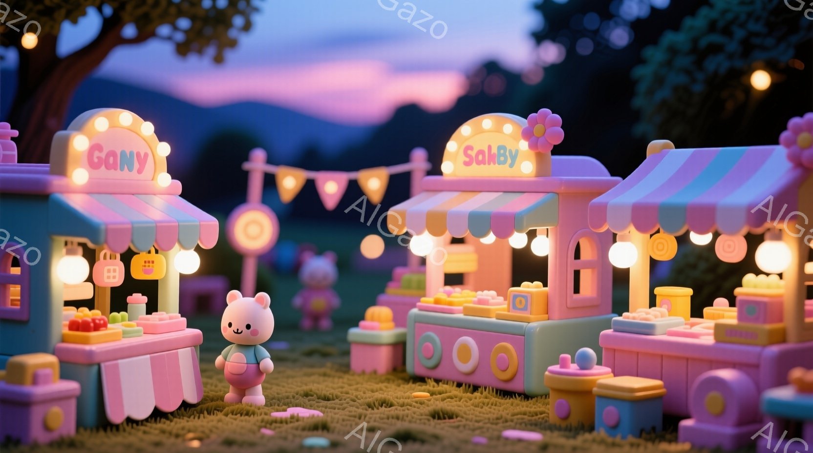 明るいパステルカラーの屋台が並び、かわいらしいウサギのキャラクターが立っています。ウサギはピンク色の服を着ており、にっこりと微笑んでいて、全体的に夢のような、楽しげな雰囲気が漂っています。背景には緑豊 - AI生成フリー素材