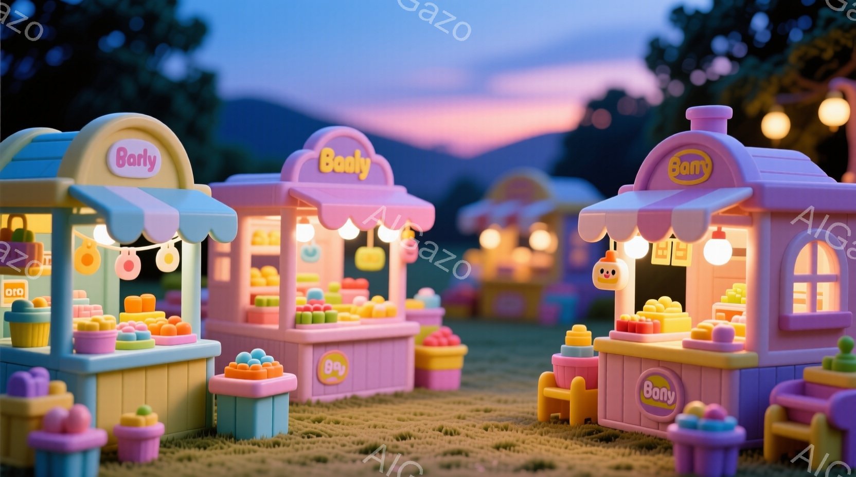 鮮やかなピンクと紫の背景に、お菓子屋さんの店が並んでいます。各店舗はカラフルなブロックで作られており、クリームやクッキー、ケーキなどの可愛らしいお菓子が並んでいます。背景にはシルエットのような建物と木々が見え、ファンタジーのような温かい雰囲気を醸し出しています。