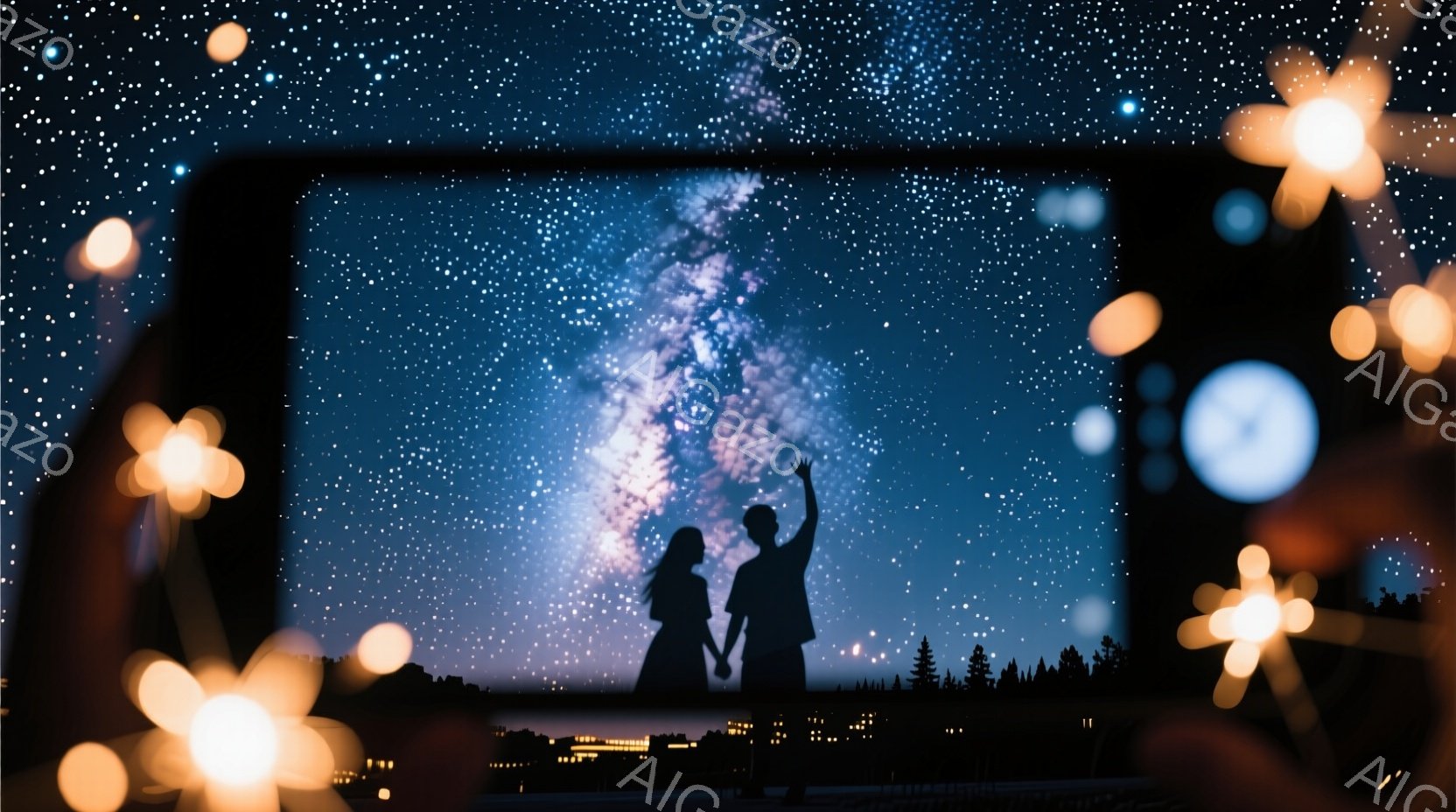 夜空を背景にしたシルエットのカップルが描かれています。男性は片手を上げており、女性は男性と腕を組んで見上げています。背景には星空が広がり、遠くには建物のシルエットと森林が確認できます。