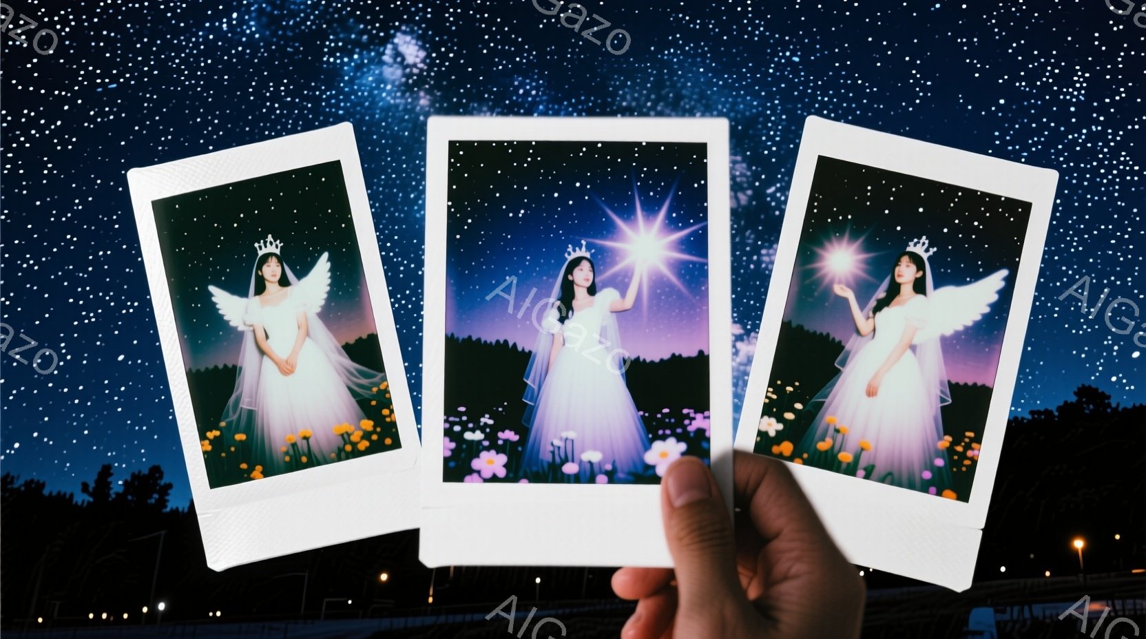 ３枚の写真が手で掲げられており、それぞれに白いドレスと翼を持つ女性が写っています。女性は長い黒髪で、優しい笑顔を浮かべ、光り輝くオブジェクトを手に持っています。背景には紫色の花畑が広がり、夜空には星が - AI生成フリー素材